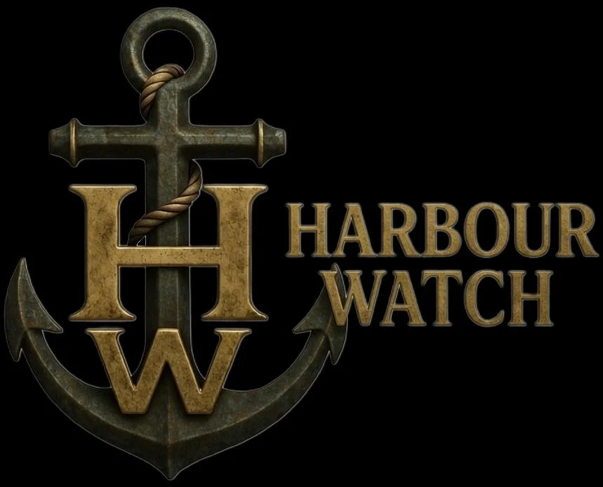 Logo for Harbour Watch featuring an anchor with a rope and the letters H, W, and a large W in gold, set against a black background.