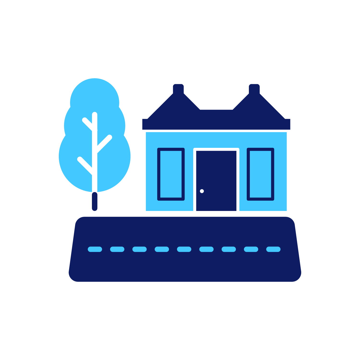 Cartoon image of small building on side of a road.