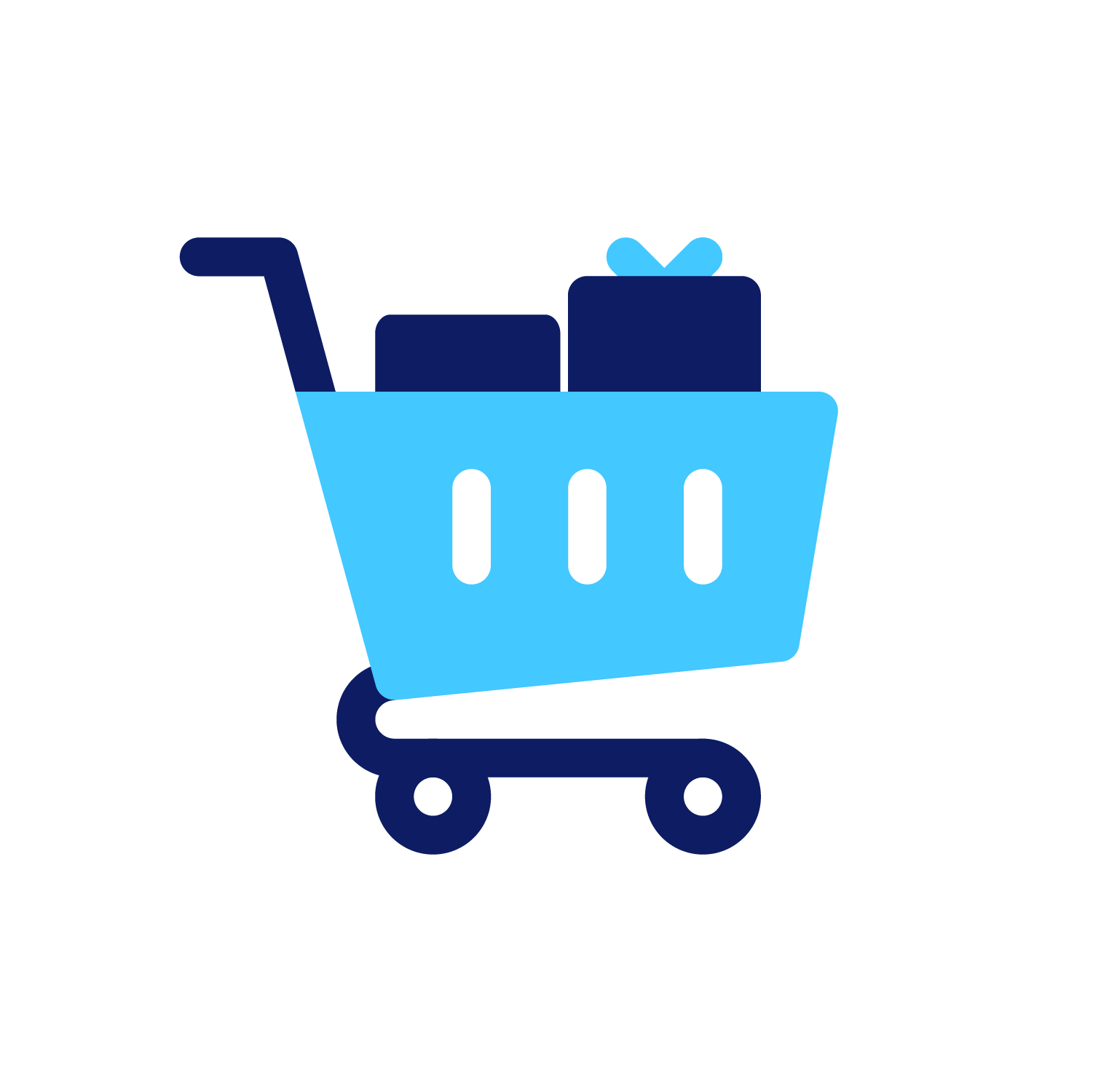 Cartoon food store trolley with boxes inside the trolley.