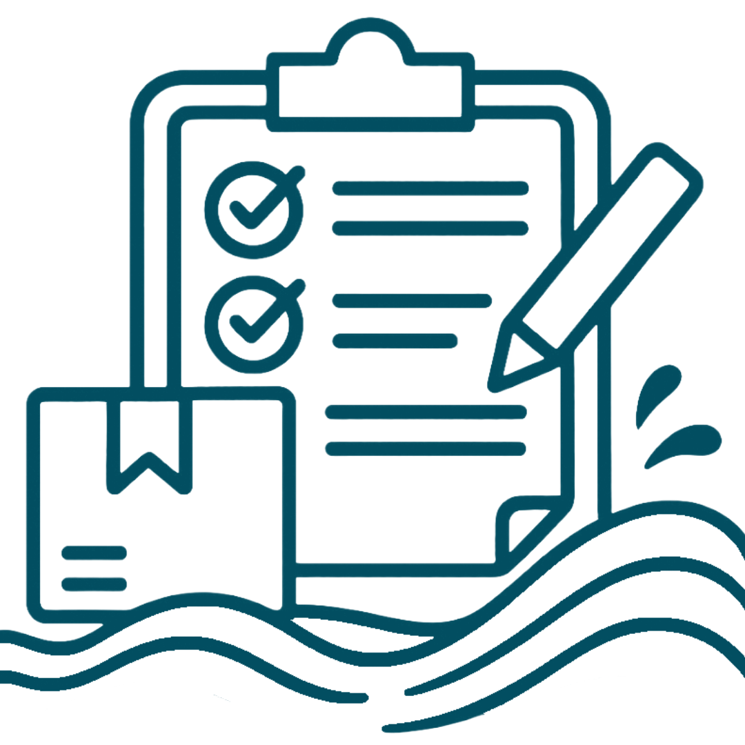 Checklist on clipboard with a pen, a book, an envelope, and water waves underneath.