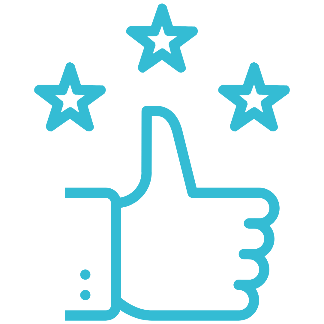 Blue outline of a thumbs-up hand with three stars above it.