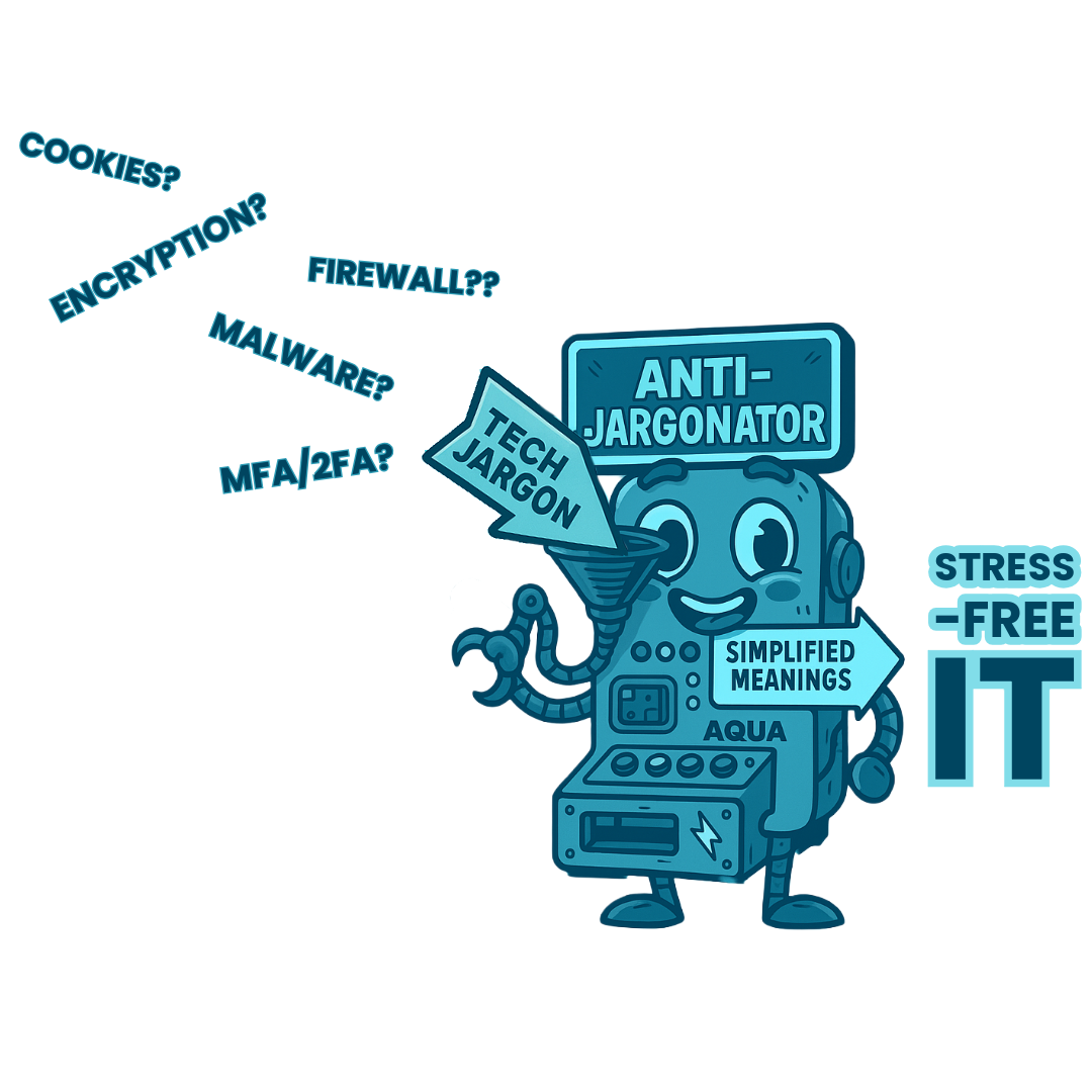 A cartoon robot mascot holding signs with simplified tech jargon such as 'Anti-Jargon', 'Tech Jargon', and 'Simplified Meanings'. The background includes text promoting stress-free understanding of tech concepts.