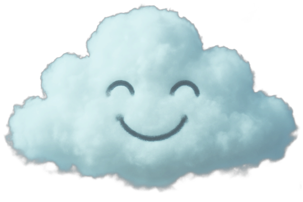 A fluffy cloud with a smiling face drawn on it, set against a black background.