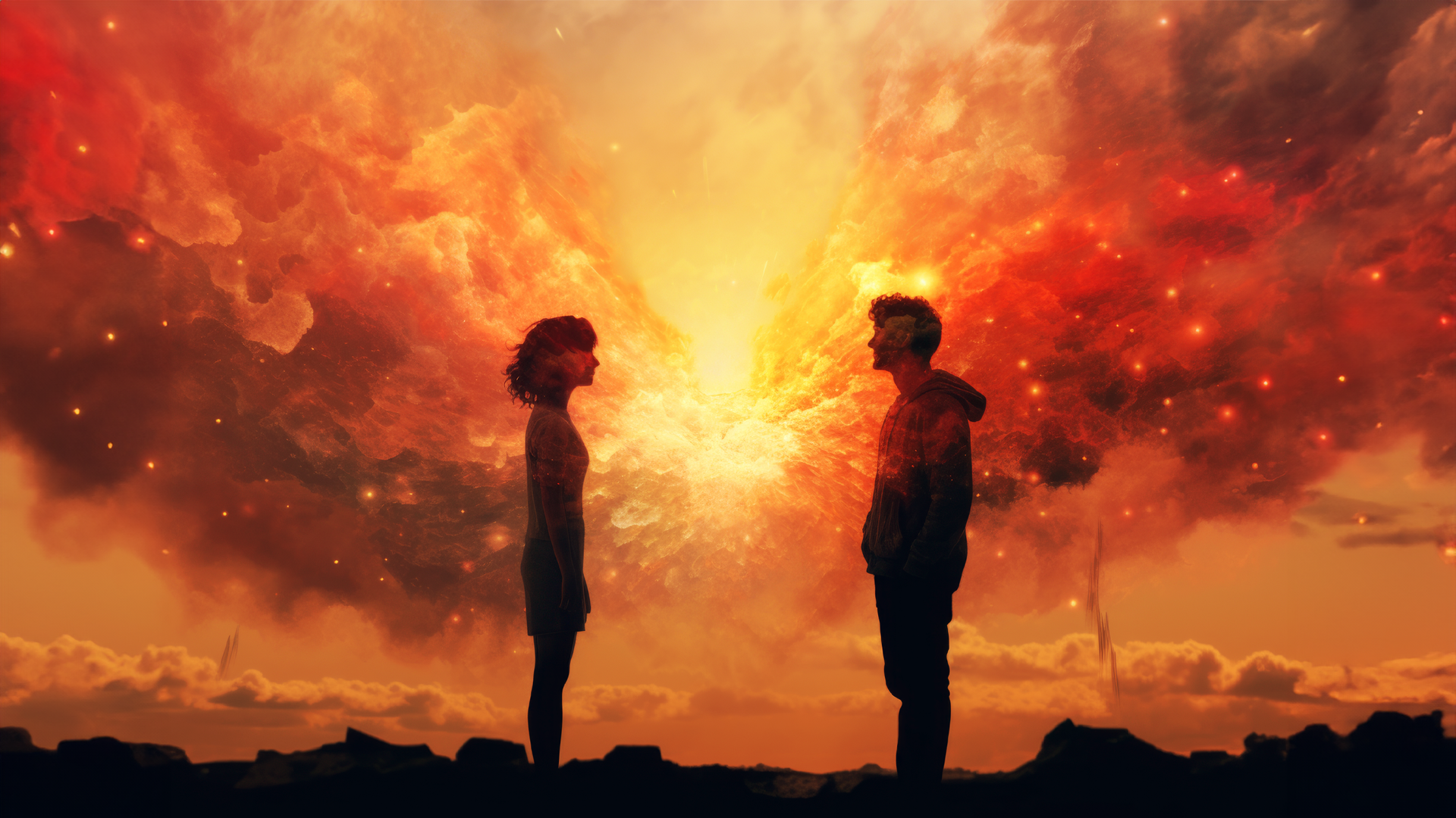 a man and woman facing each other on a fiery field