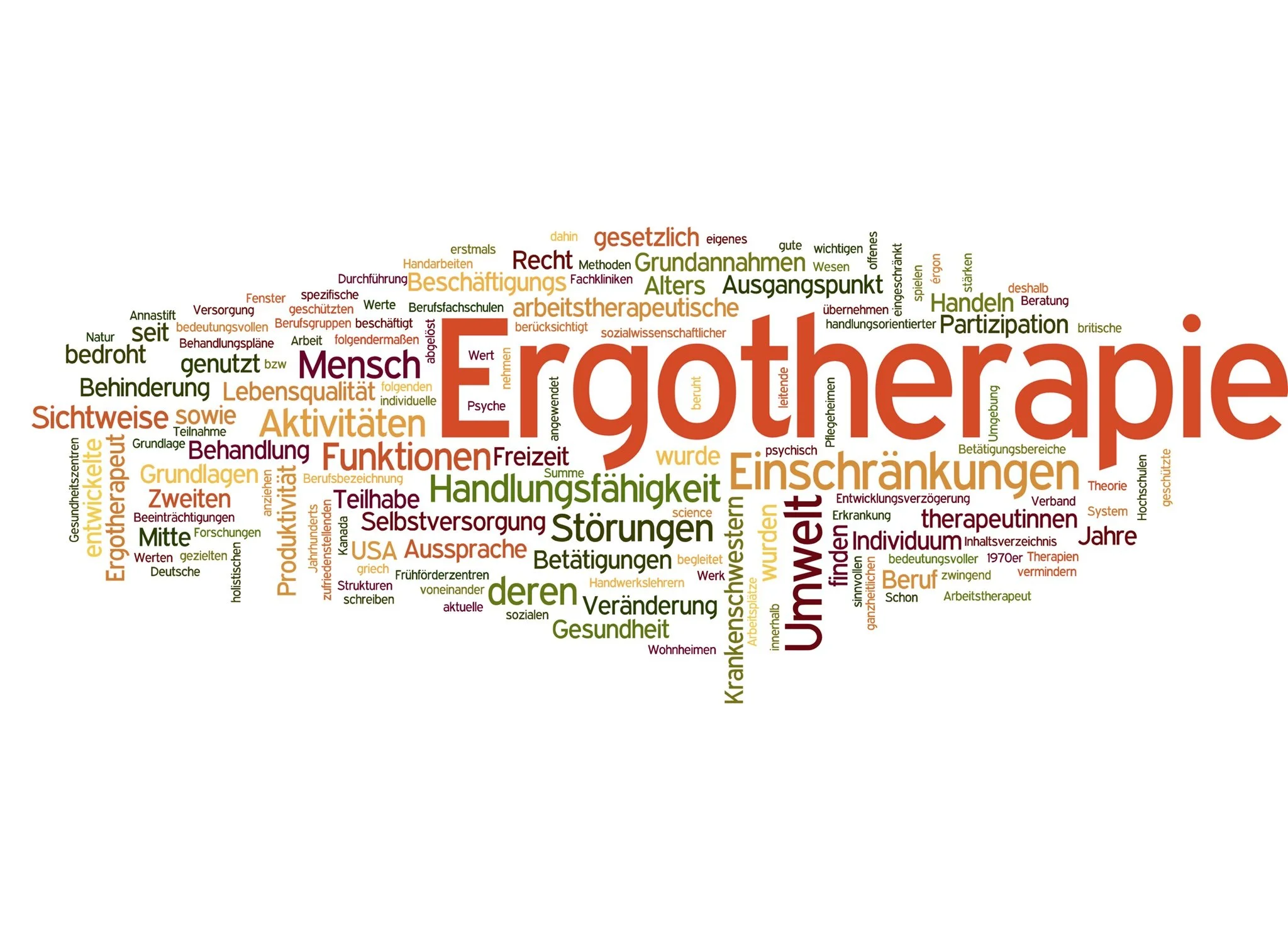 Verschiedene deutsche Wörter in einer Wortwolke, Schwerpunkt auf 'Ergotherapie'