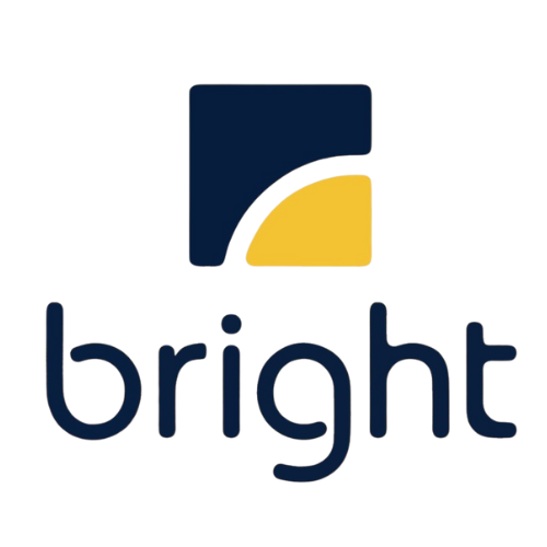 Logotipo de la marca 'bright' con un icono azul y amarillo arriba del texto.