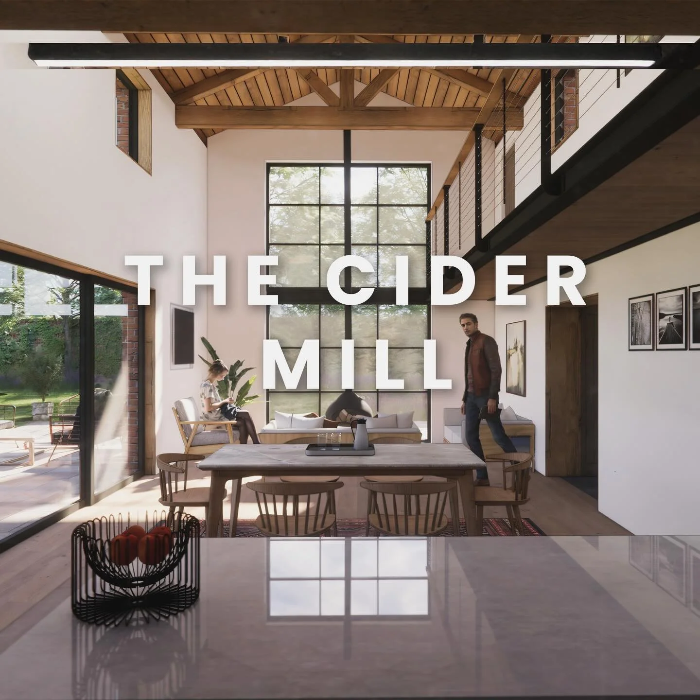 The Cider Mill &mdash; A bold transformation and integration of a historic agricultural building into a warm, modern home. Built together with care, craft, and character.

1. Interior Perspective &ndash; The Cider Mill in use: light-filled, layered, 
