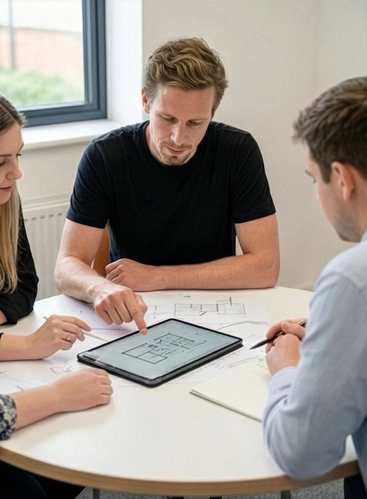 Group of four people sitting around a table, looking at a tablet displaying a floor plan, with architectural drawings and notebooks on the table.
