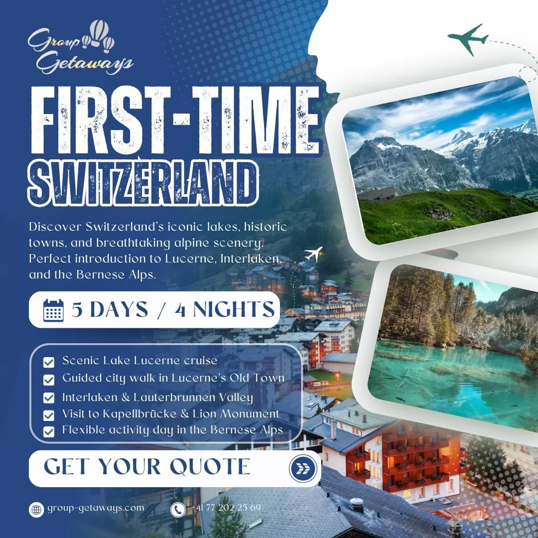 Discover Switzerland&rsquo;s most iconic highlights in one seamless group journey. From Lake Lucerne and its historic Old Town to Interlaken, Lauterbrunnen and the Bernese Alps, this itinerary is designed as the perfect introduction for first-time vi