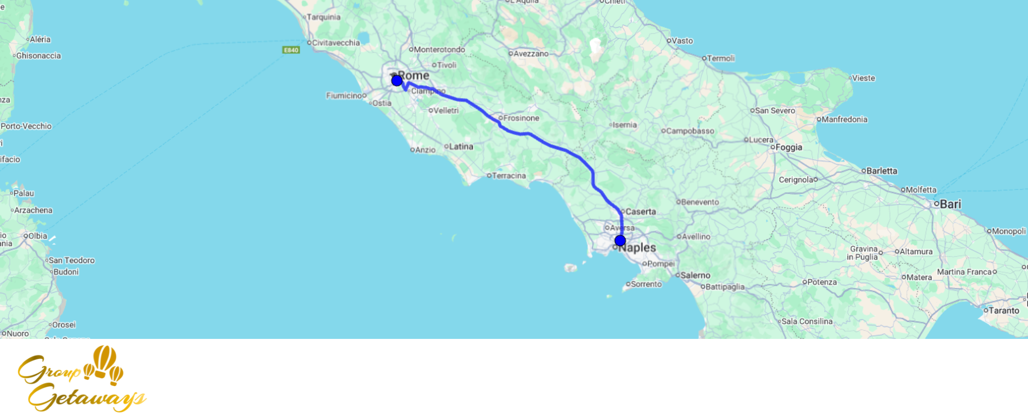 Map of the tour Between History & Food Excellence in Rome and Naples by Group Getaways