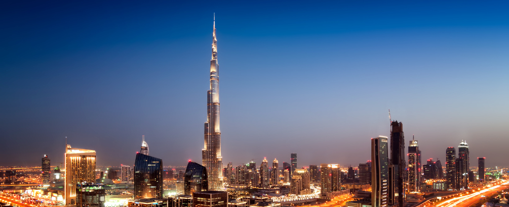 Dubai Downtown in the night with the Burj Khalifa