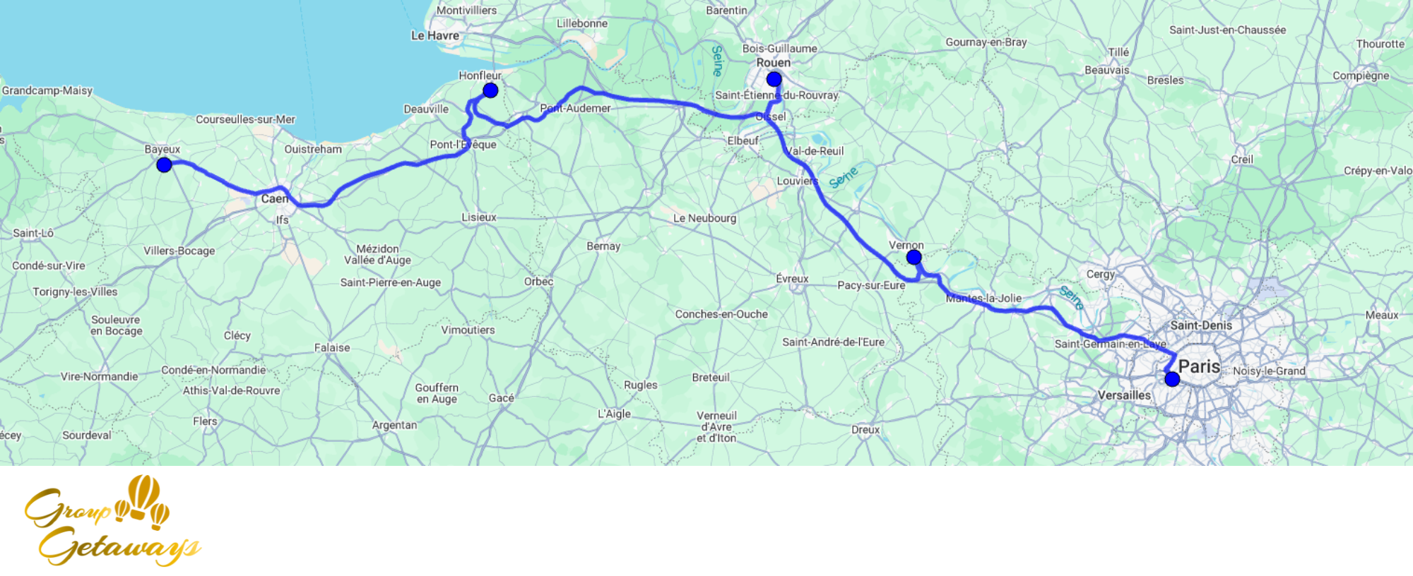 Map of the tour Discovering Art and History between Paris and Normandy by Group Getaways