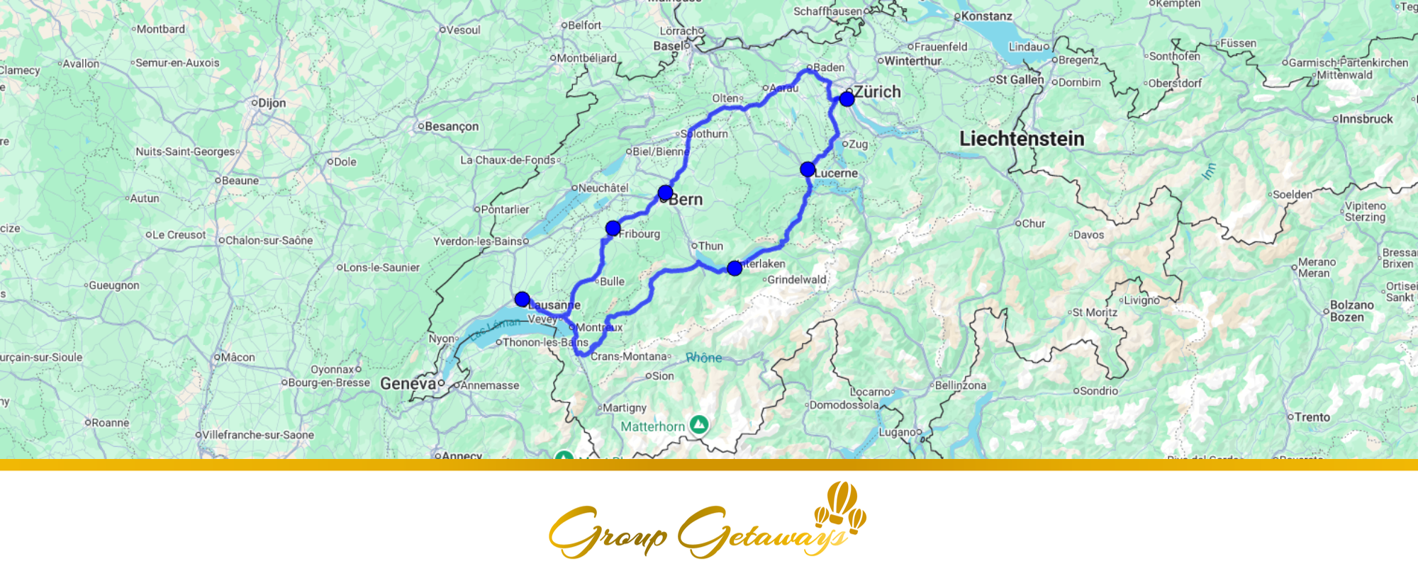 Map of Lucerne, Bernese Alp and Lausanne Tour by Group Getaways