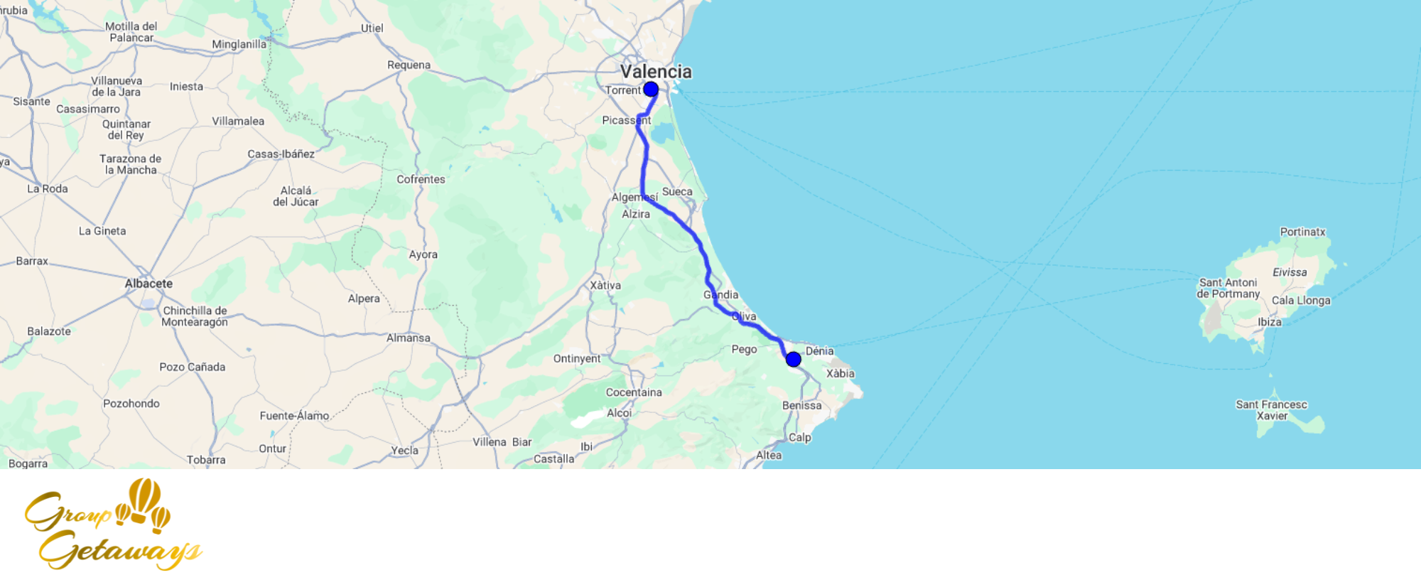 Map of the tour Employee well-being in Valencia by Group Getaways