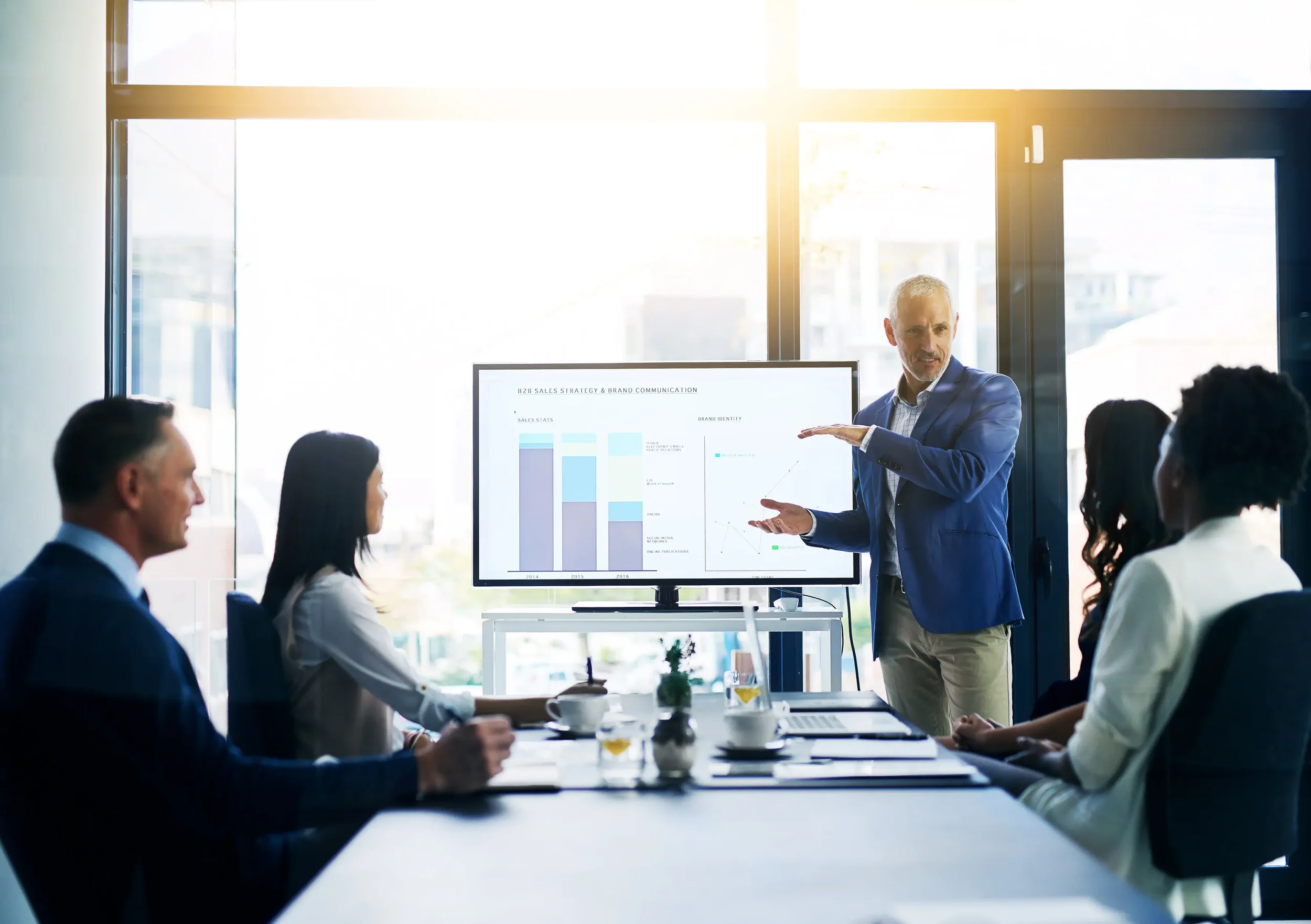 Business meeting in a modern conference room with a presenter standing next to a large monitor displaying sales data and charts, with four people seated at the table.