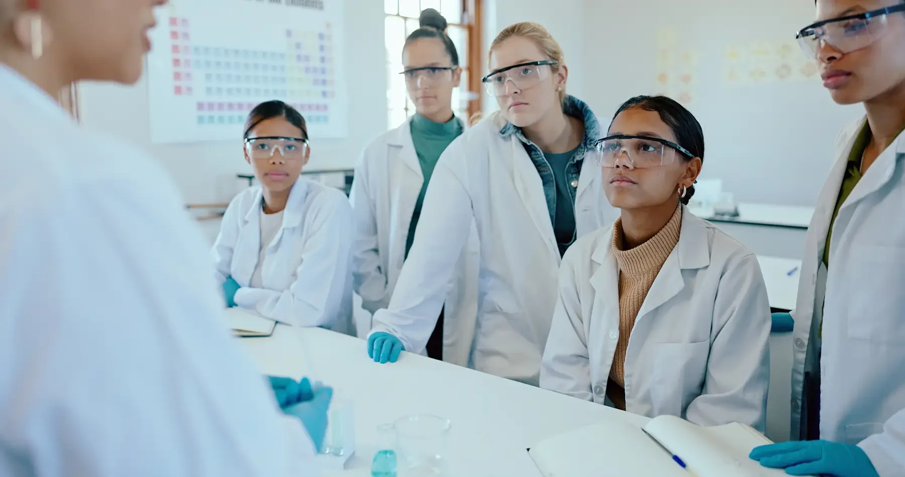 A group of six diverse students in lab coats and safety glasses listening attentively during a science class or lab session, with a teacher or instructor partially visible in the foreground.