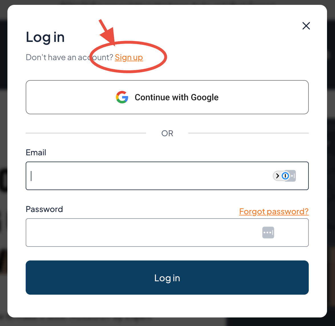 MemberSpace login screen for a website with options to sign up, continue with Google, or enter email and password.