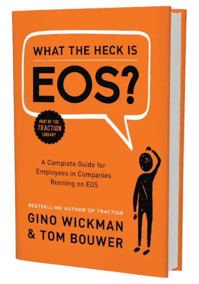 Book titled 'What the Heck is EOS?' with orange cover, black text, and a black illustrated figure on the front.