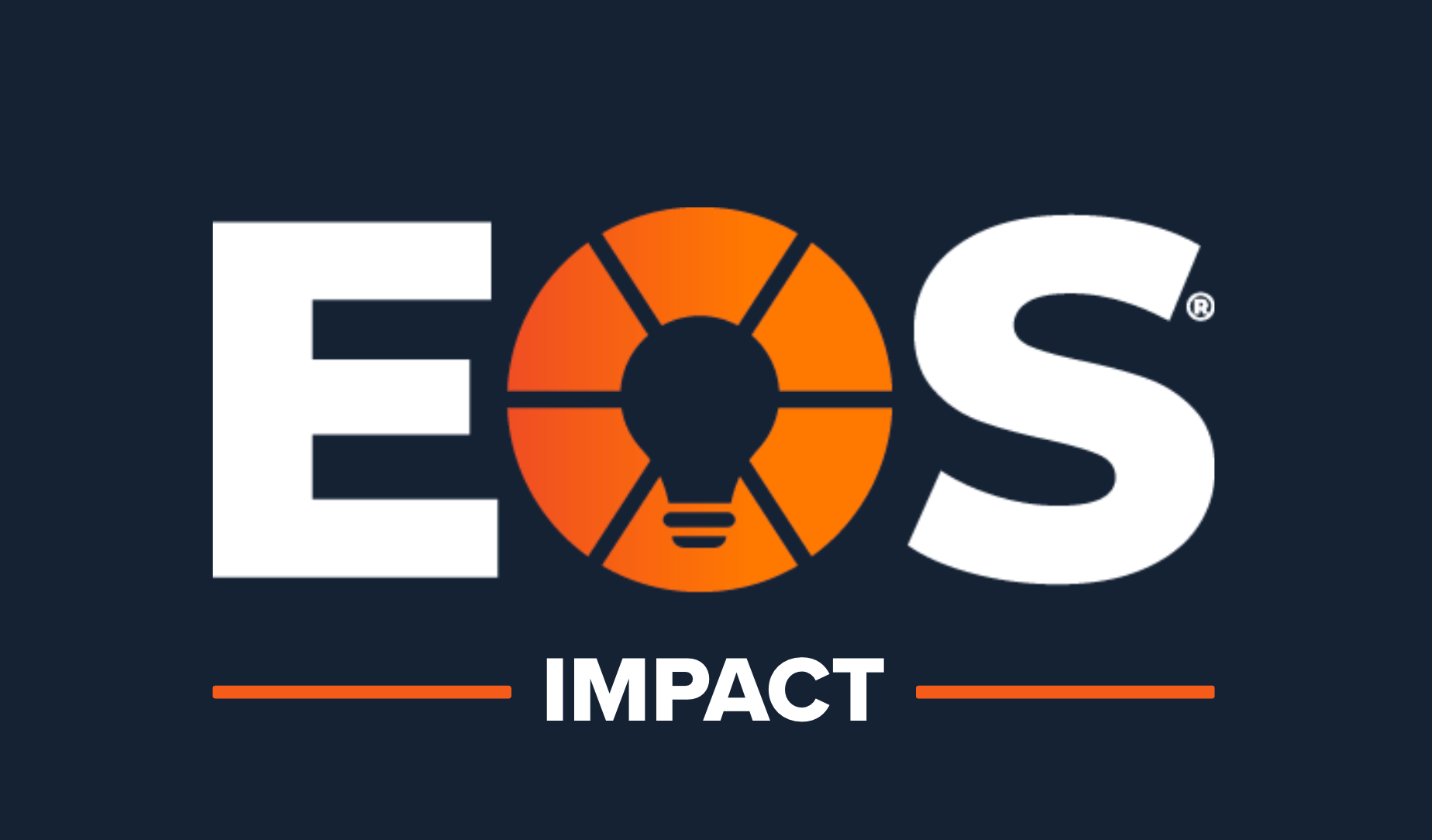 EOS Impact logo with the word 'EOS' in large white letters, with the 'O' depicted as an orange lifebuoy with black lines, and the word 'IMPACT' in smaller white letters below, separated by two orange lines.