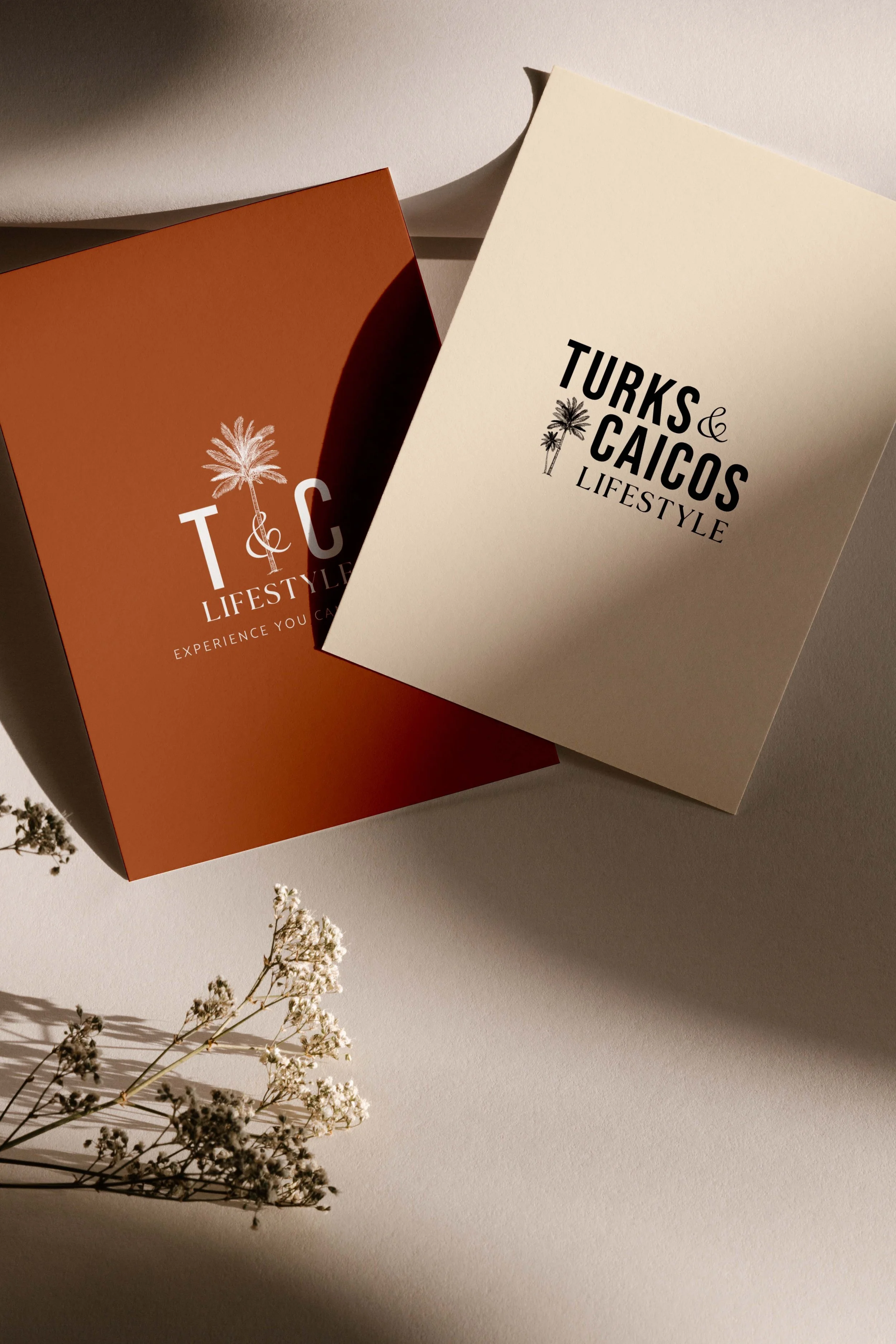 Two brochures or flyers on a light surface, one with white background and black text reading "Turks & Caicos Lifestyle" and the other with a burnt orange background and white text, with a palm tree graphic, promoting lifestyle experiences in Turks and Caicos.