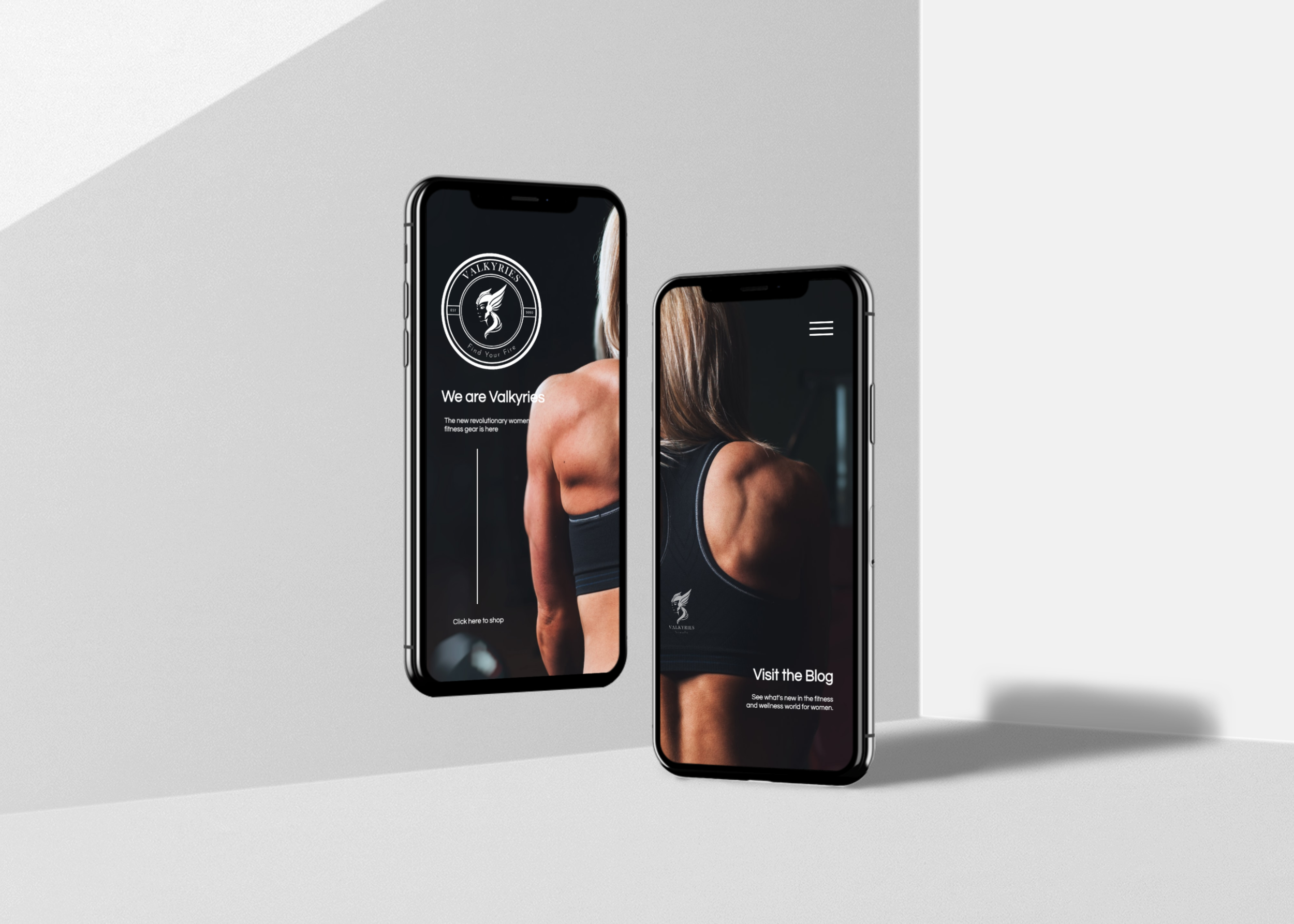 Two smartphones displaying fitness app screens with images of women in athletic wear, set against a light gray and white background.