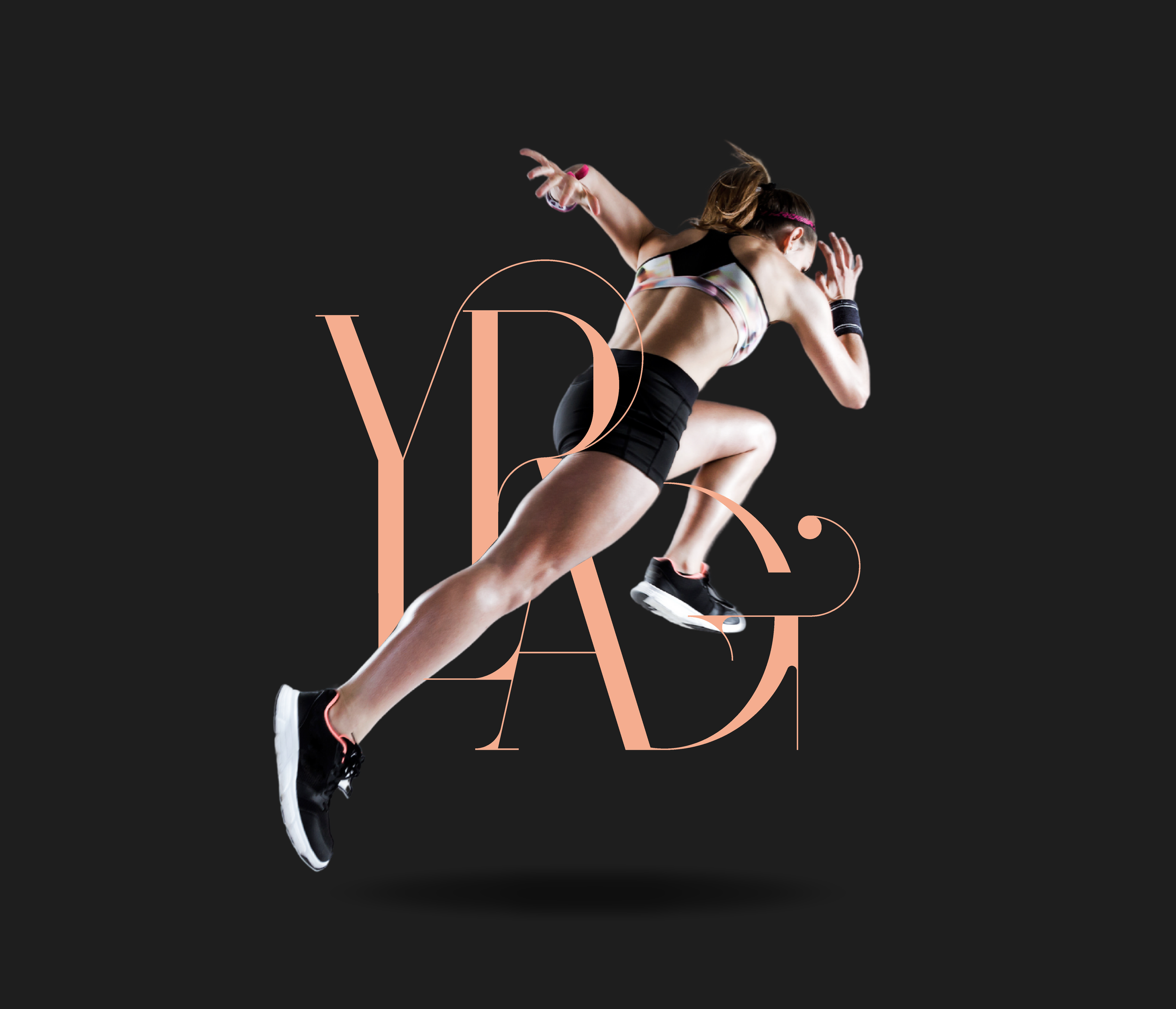 A female athlete in mid-air leap with a black background, overlaid by large pink text reading 'YOGA' with some ornate swirls.