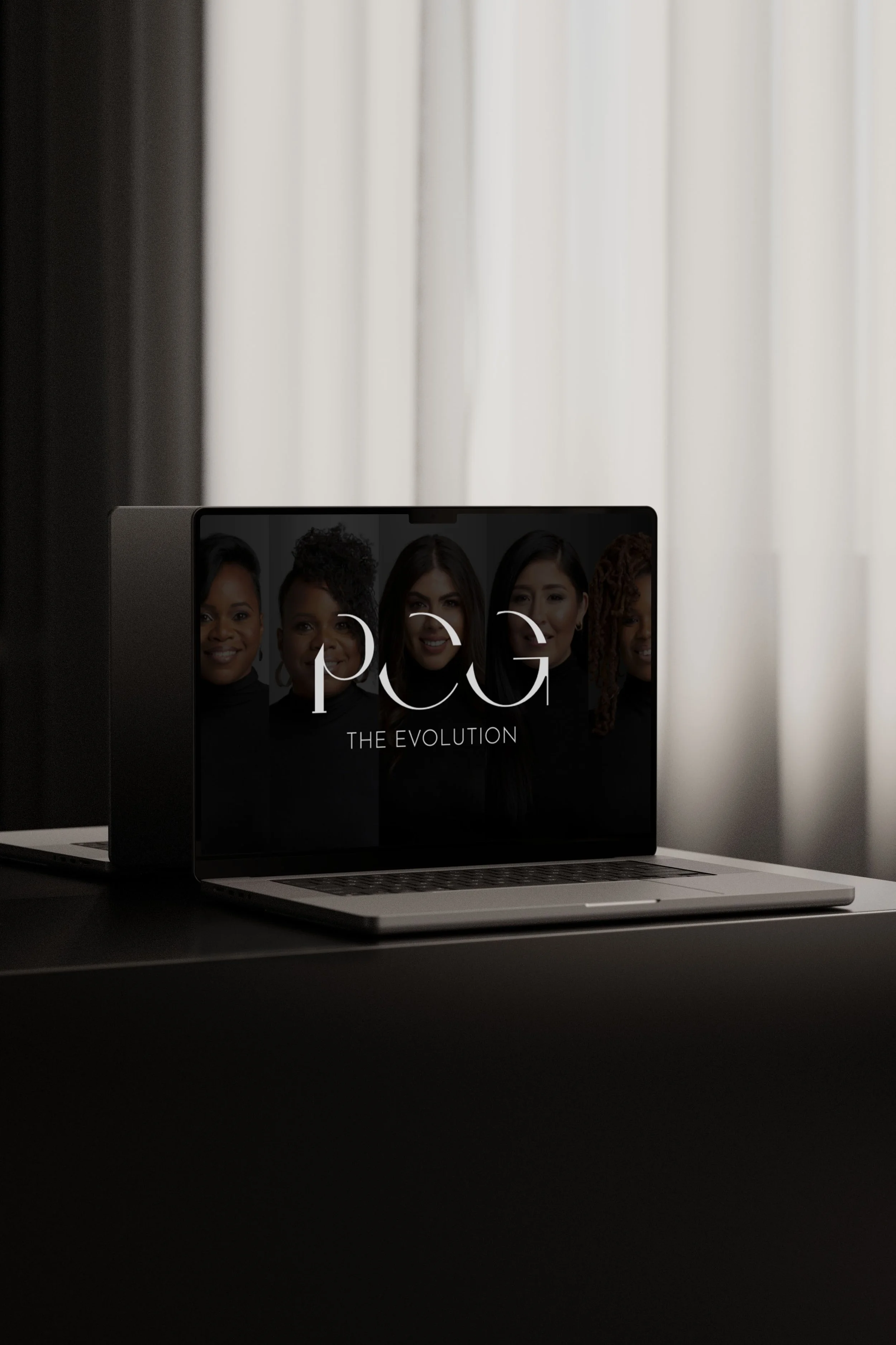 A laptop showing a webpage titled "POG: The Evolution" with images of diverse women on the screen.