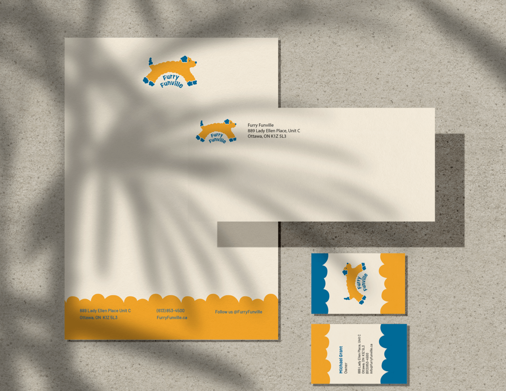 Mockup of Furry Funville logo redesign stationery