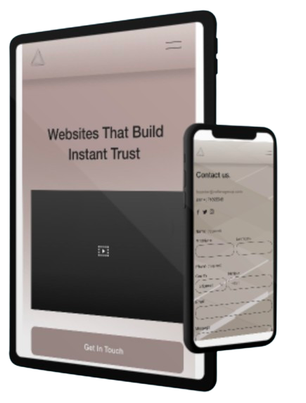 A tablet and a smartphone displaying a website offering services to build trust and a contact form.