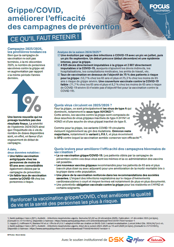 Infographic poster in French discussing flu and COVID vaccination campaigns, emphasizing the importance of vaccination for public health.