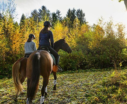 To personer rir på hester gjennom en skog med høstfarger.