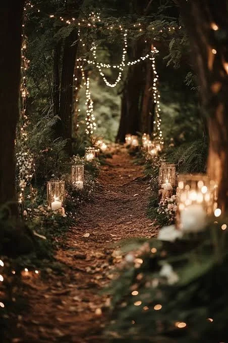 A forest with a pathway decorated with string lights and candles