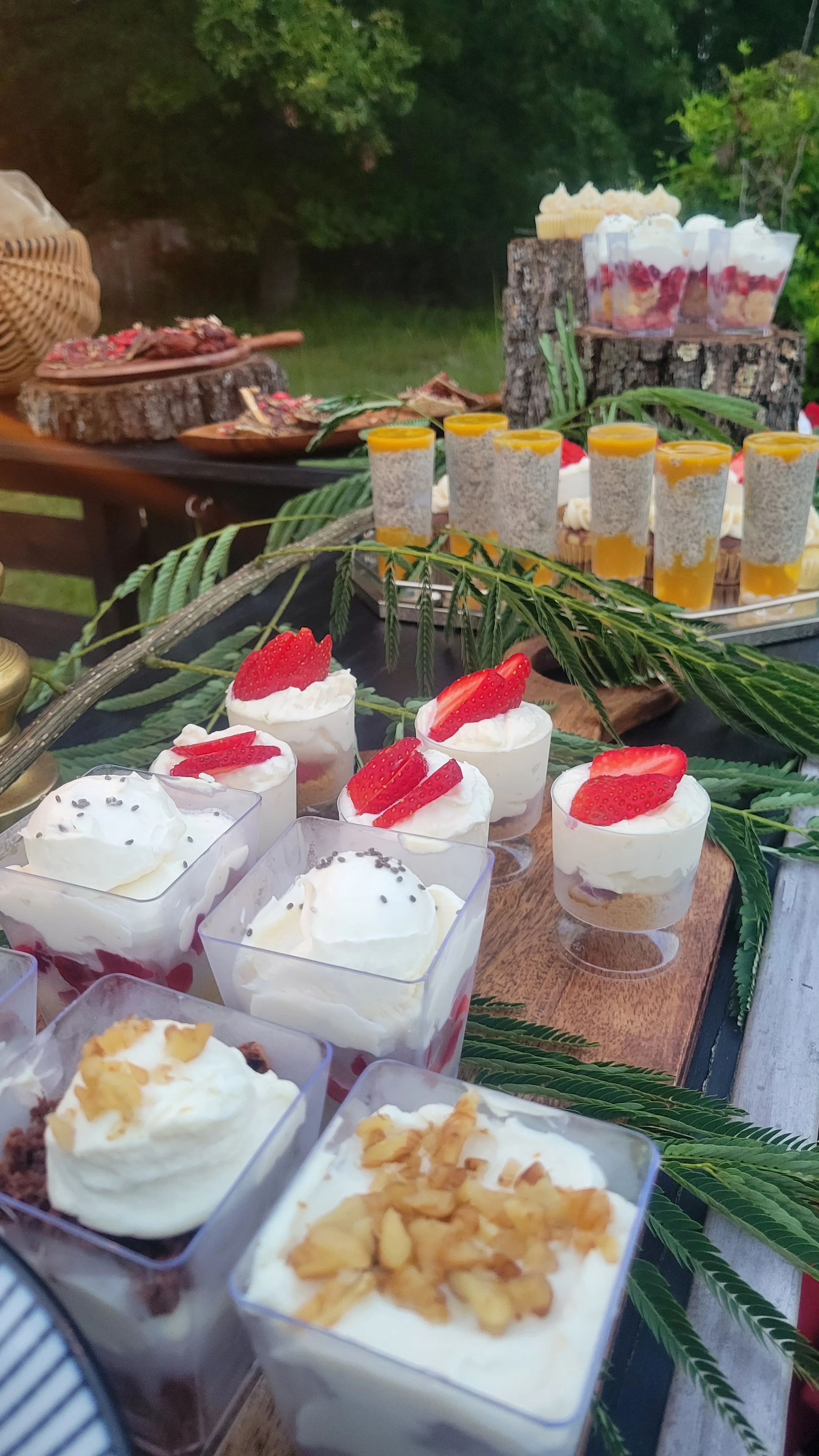 Assorted desserts on a rustic outdoor table, including strawberry-topped cheesecakes with whipped cream, layered parfaits with strawberries, and other sweet treats, surrounded by greenery.