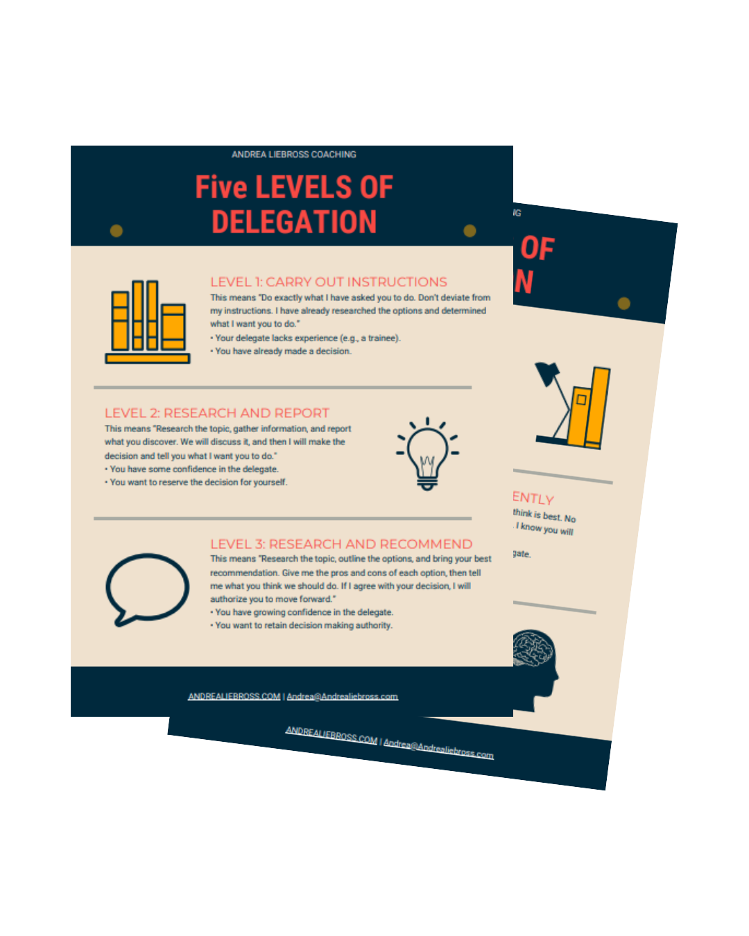 Five Levels of Delegation infographic - Andrea Liebross coaching tool