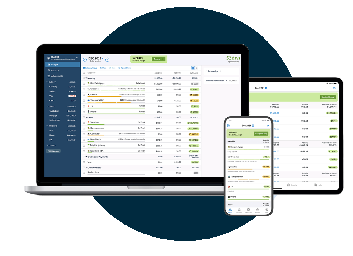 Financial budgeting app screenshot on multiple devices