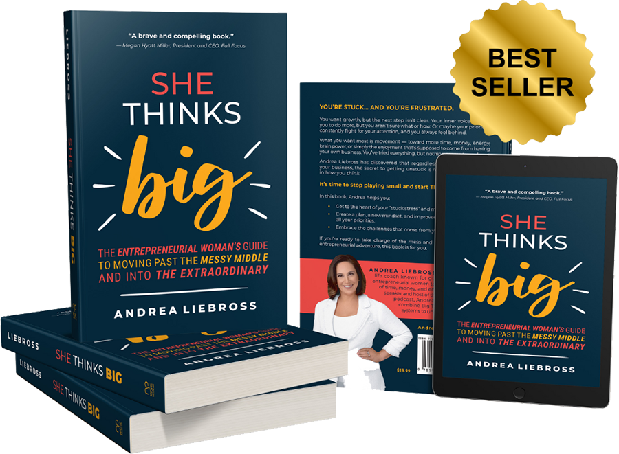 Books and a digital tablet displaying the cover of the book "She Thinks Big" by Andrea Liebross, with a "Best Seller" badge on the top right corner.