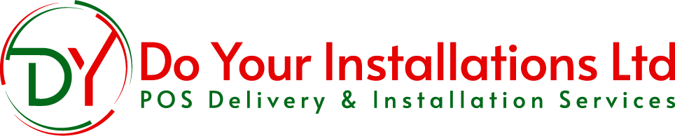 Logo for Do Your Installations Ltd, with a stylized clock and the letters DY, and the company name in red and green text, offering POS delivery and installation services.