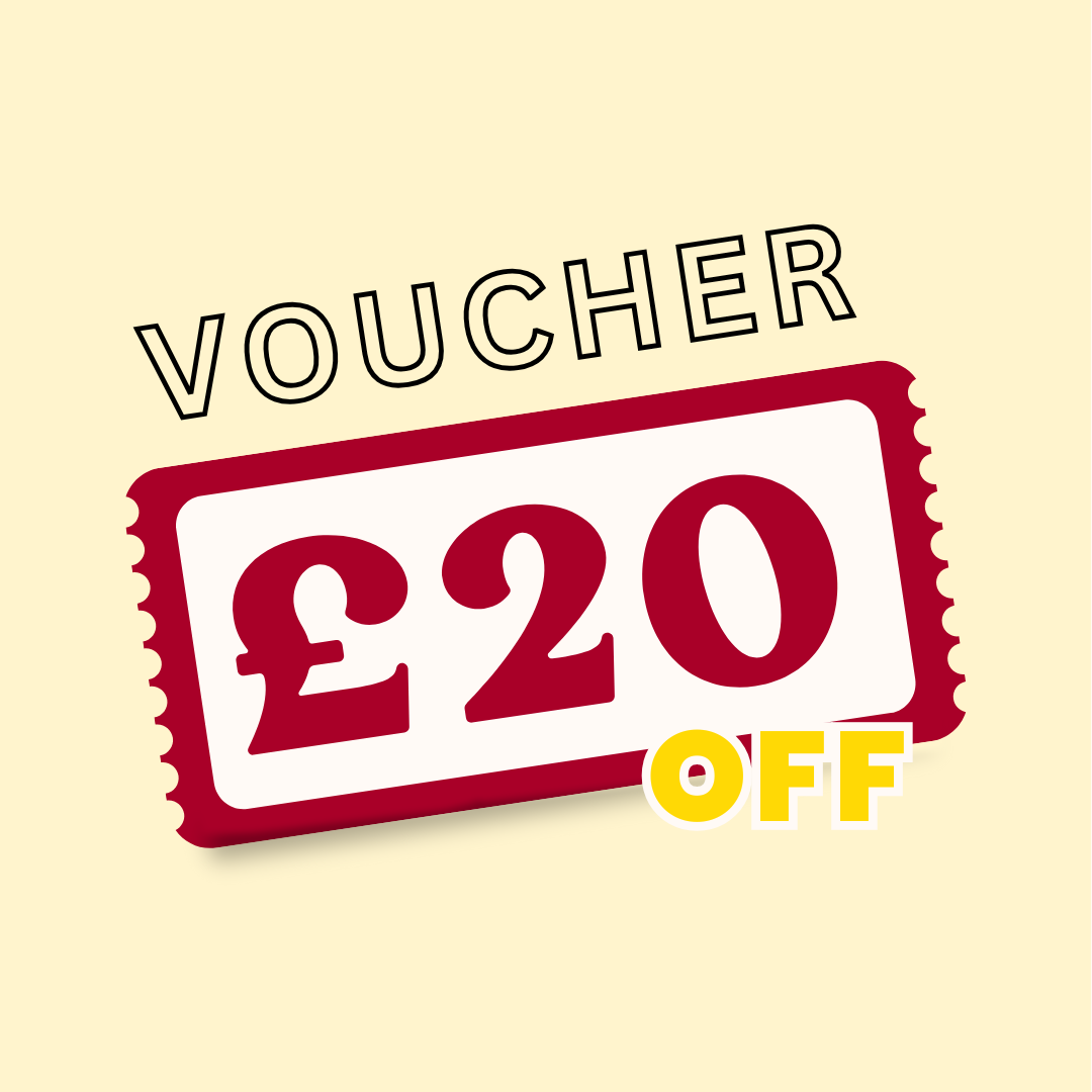 Vouchers offering £20 off, featuring a red stamp-like design, bold red text, and yellow and white highlights.