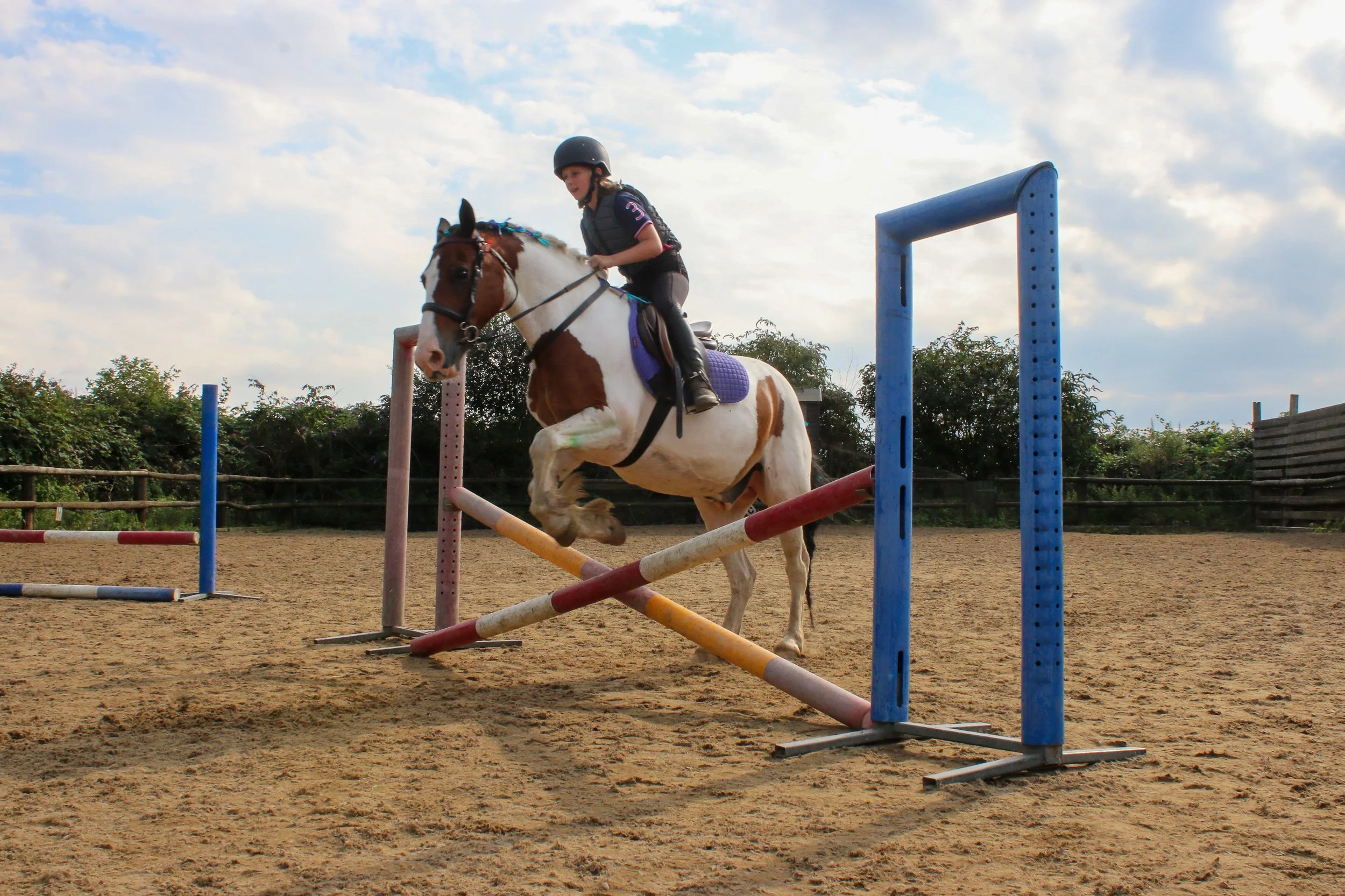 A young girl riding a horse jumps over obstacle bars during a horseback riding event in an outdoor equestrian arena with sandy surface, surrounded by trees and a wooden fence, under a partly cloudy sky.