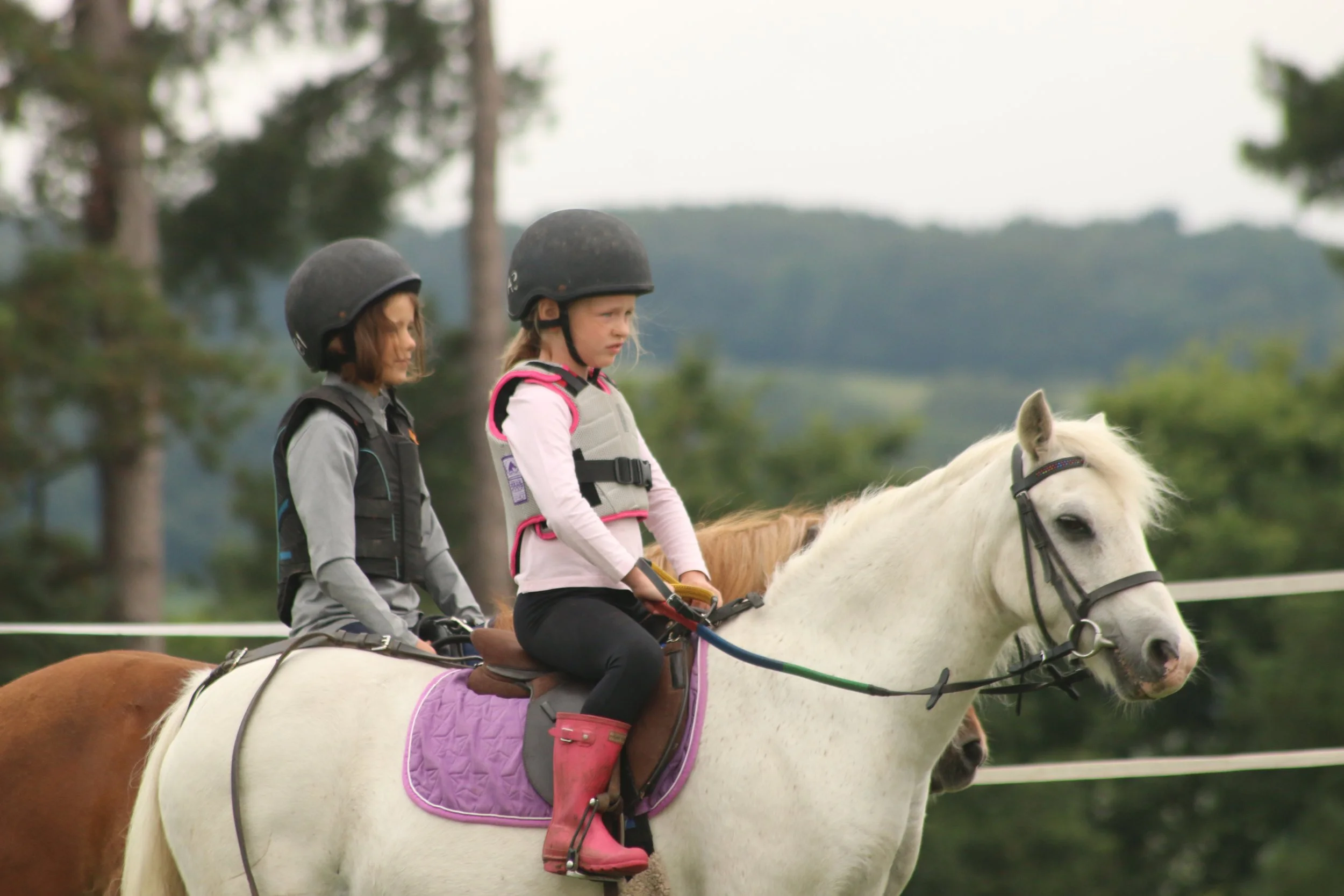 Two young girls riding horses outdoors, wearing helmets and safety vests, with a scenic landscape of trees and mountains in the background.