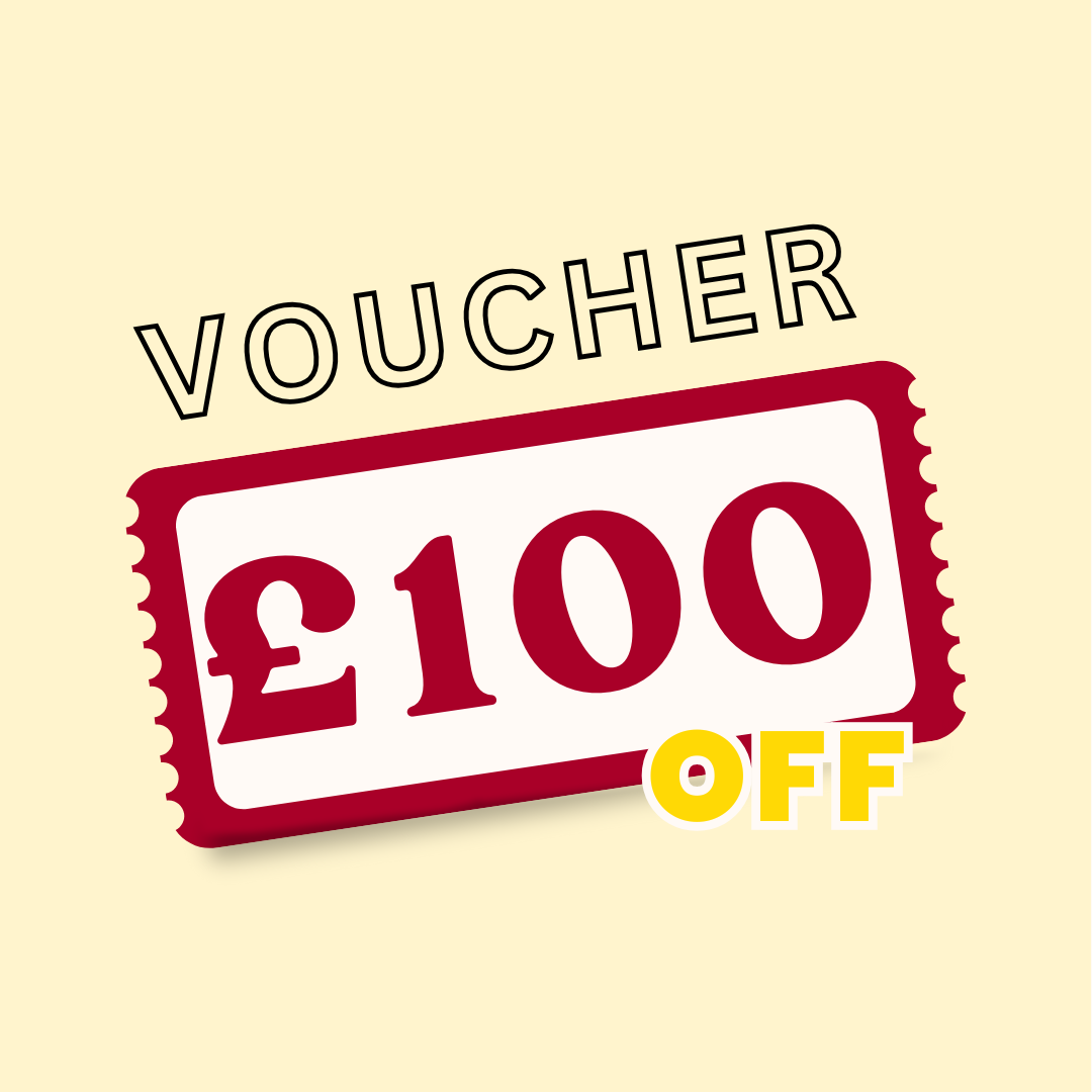 A promotional graphic for a voucher discount, featuring a red-and-white ticket with a large £100 in the center, the word "VOUCHER" above, and the word "OFF" in yellow at the bottom right corner.