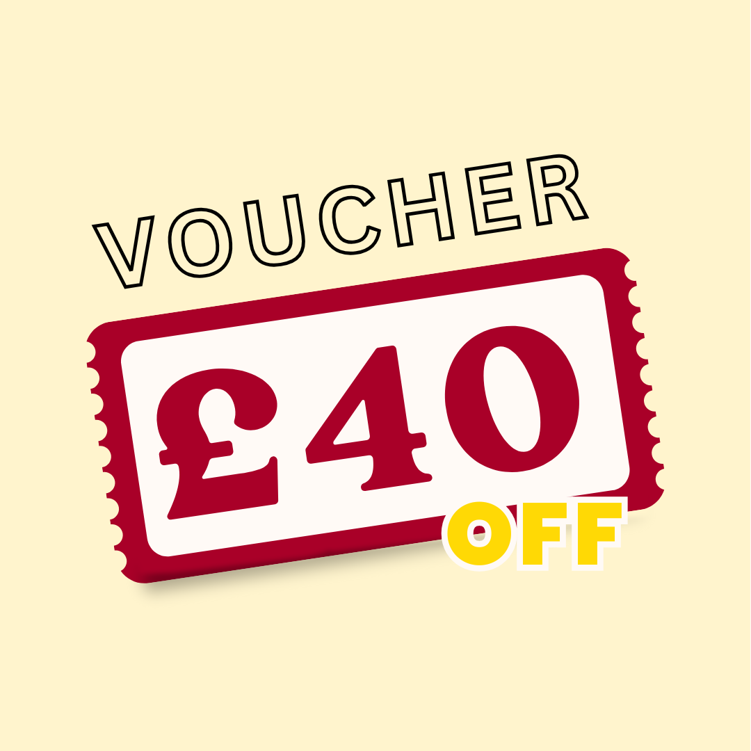 A voucher with the text '£40 OFF' on a stamp-like design, with the word 'VOUCHER' above and 'OFF' below in bold letters.