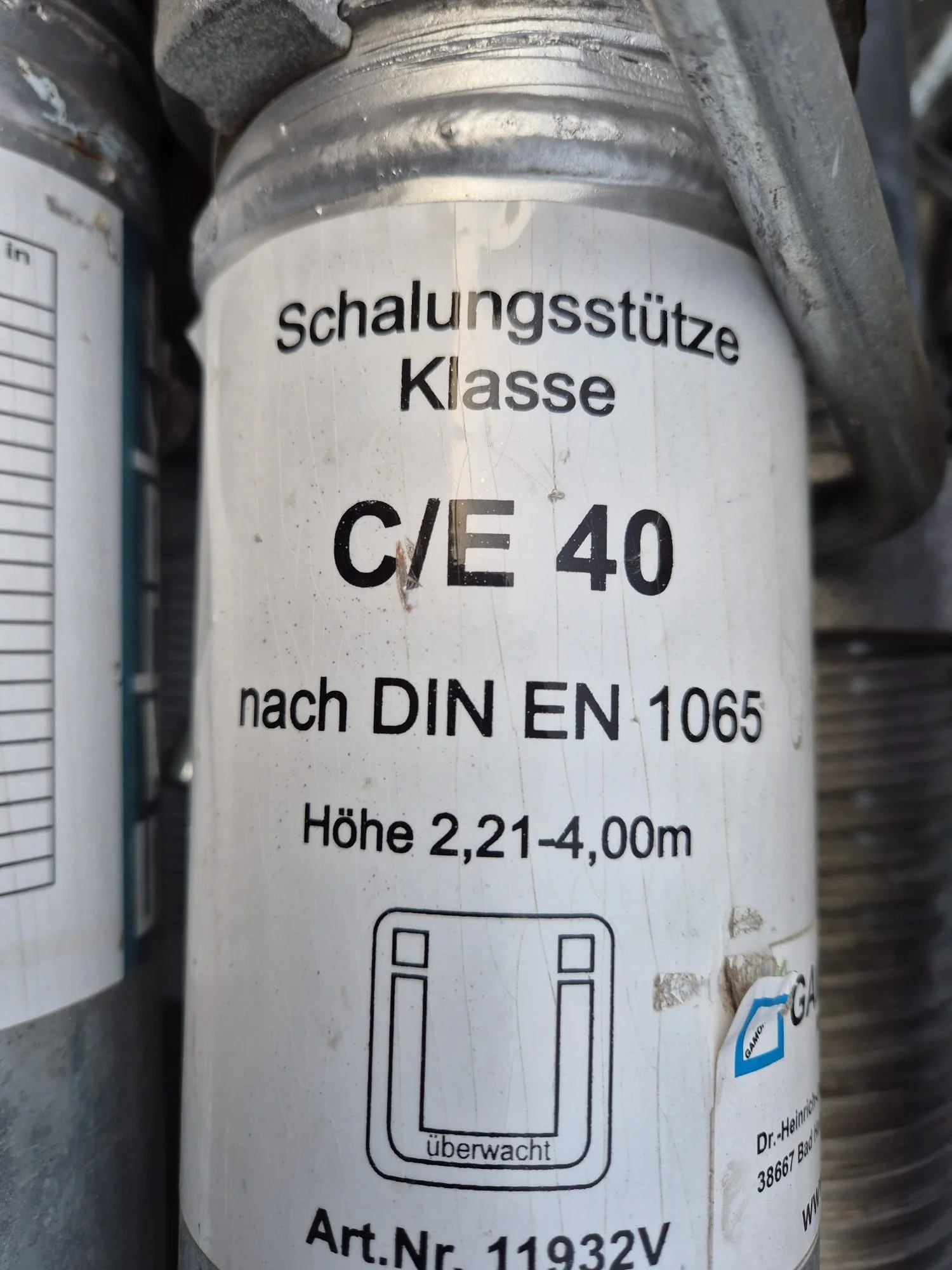 Schulungstütze Klasse C/E 40 nach DIN EN 1065, Höhe 2,21-4,00 m, überwacht, Art.Nr. 11932V.