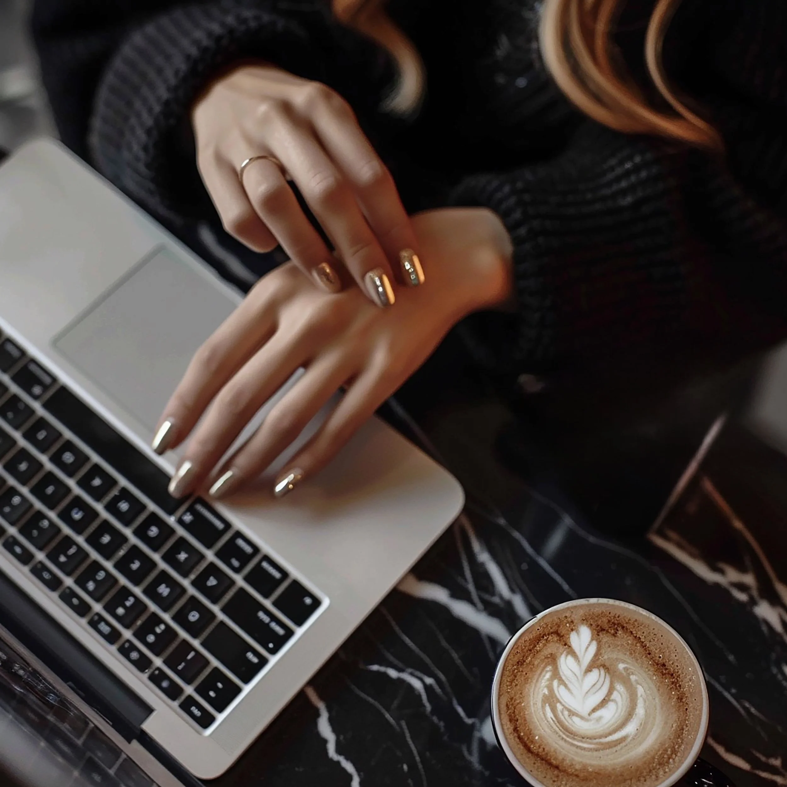 Person with manicured nails working on a laptop at a marble table with a cup of latte.