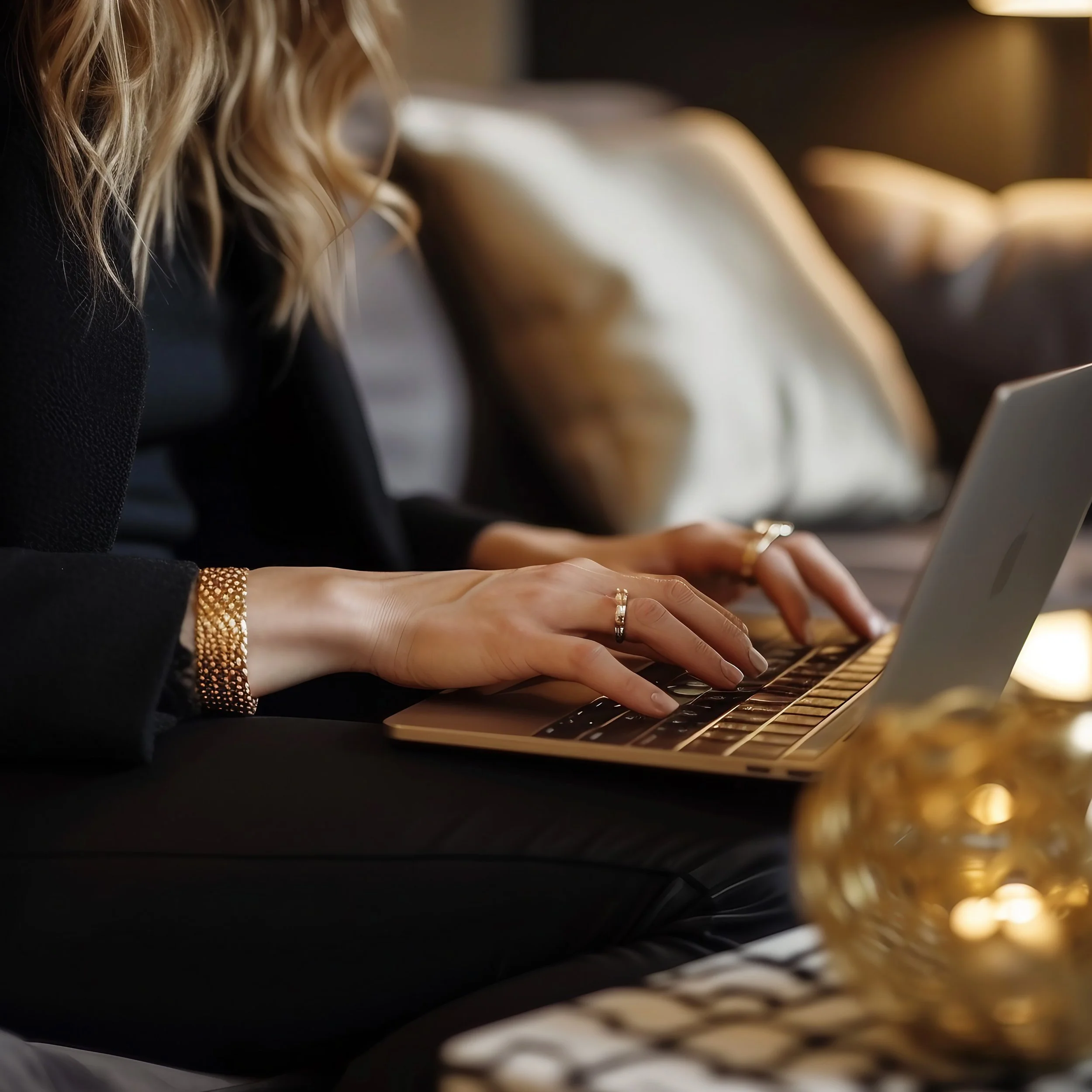 Woman using a laptop, sitting on a sofa with pillows, in a cozy indoor setting.