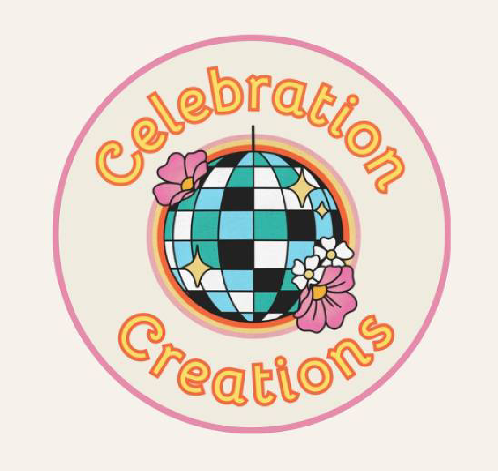 A logo with the words 'Celebration Creations' in orange and yellow letters. The center features a disco ball with pink flowers around it, set within a pink-outlined circle.