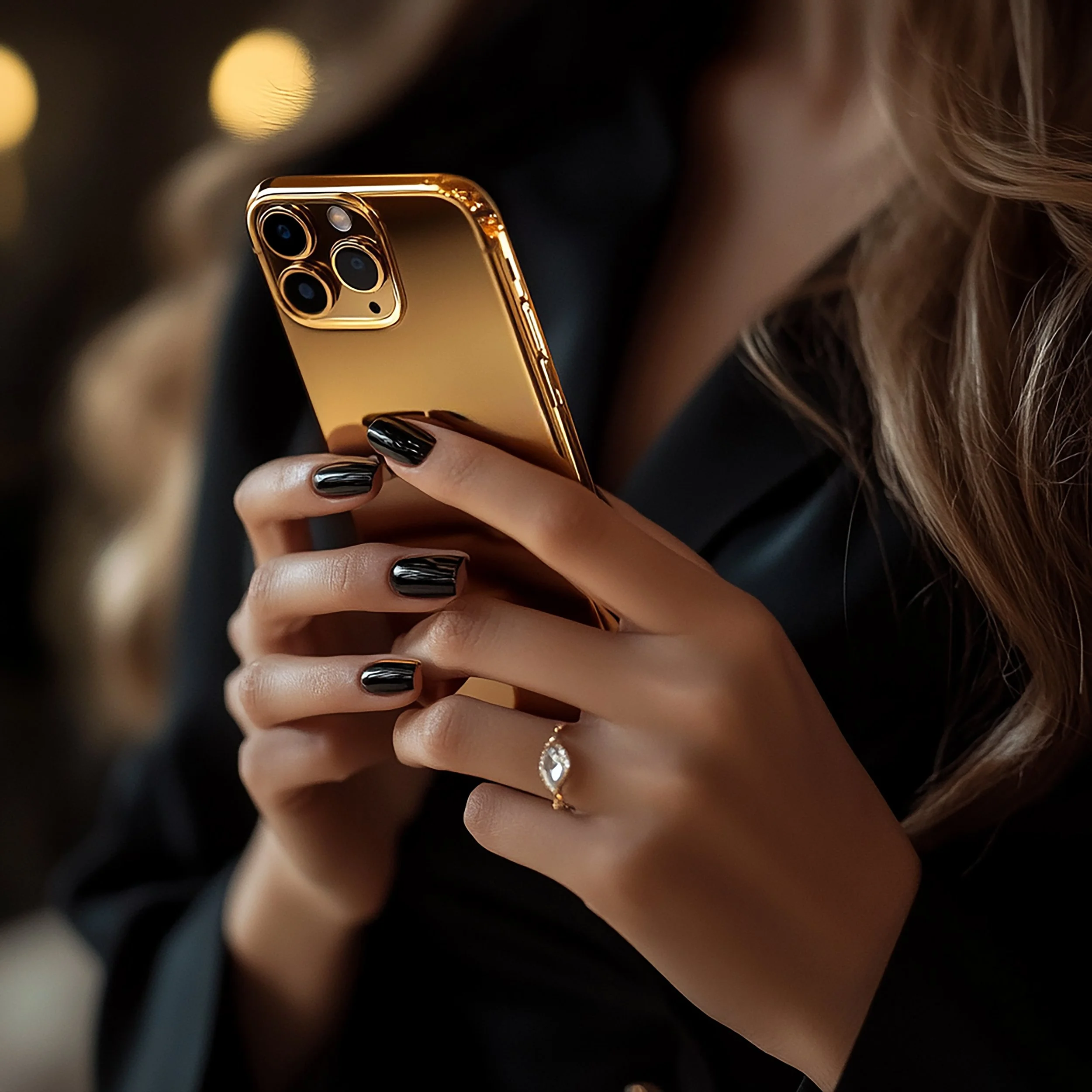 A woman holding a gold-colored smartphone with a triple-camera setup. She has black nail polish and is wearing a ring with a large, marquise-shaped gemstone on her finger.