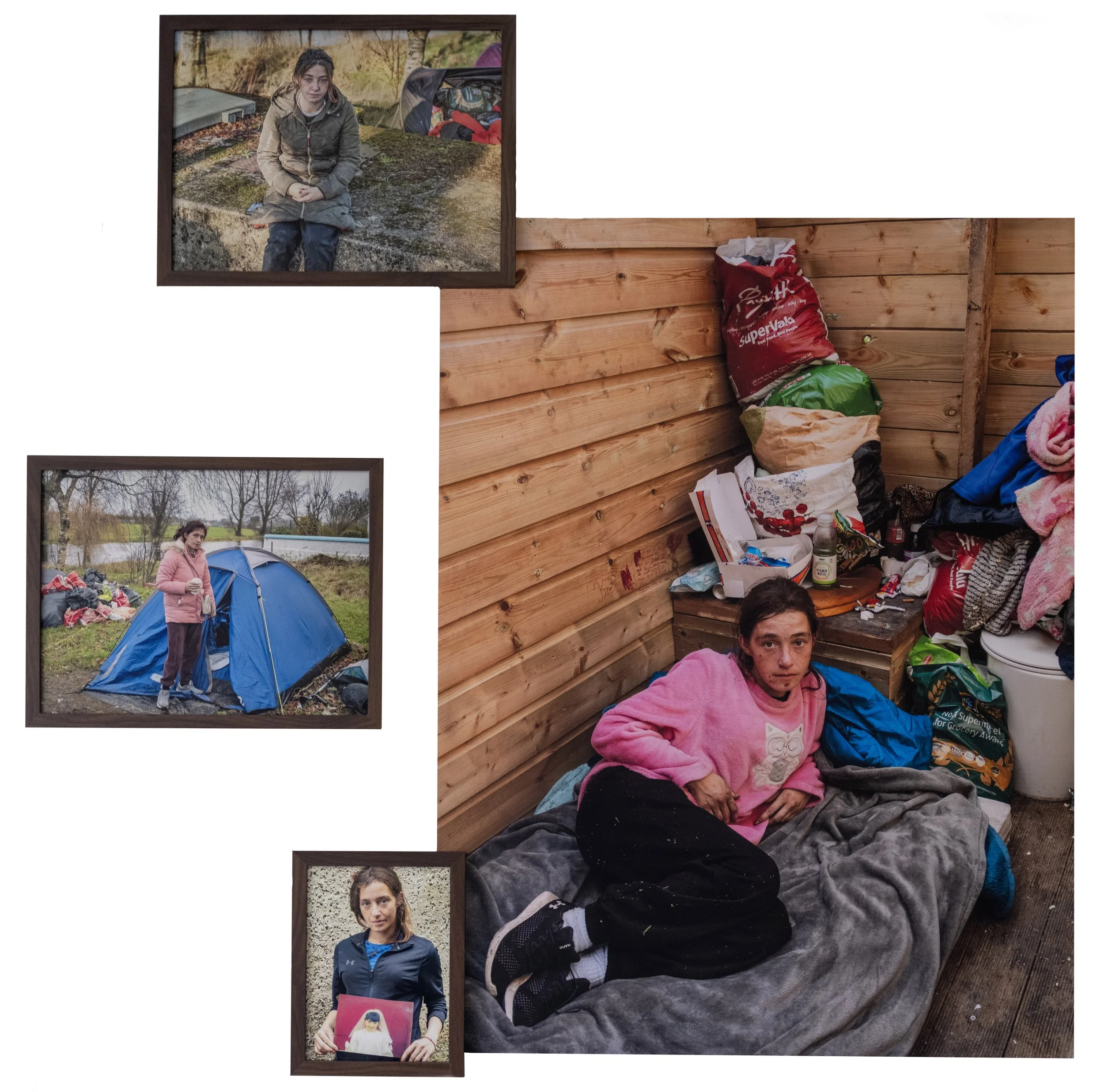A girl with a pink sweatshirt sitting on a bed inside a wooden shelter, surrounded by camping supplies and bags. Additional images show a woman next to a blue tent, a girl sitting outside the tent, and a girl holding a picture of a woman with a pink 