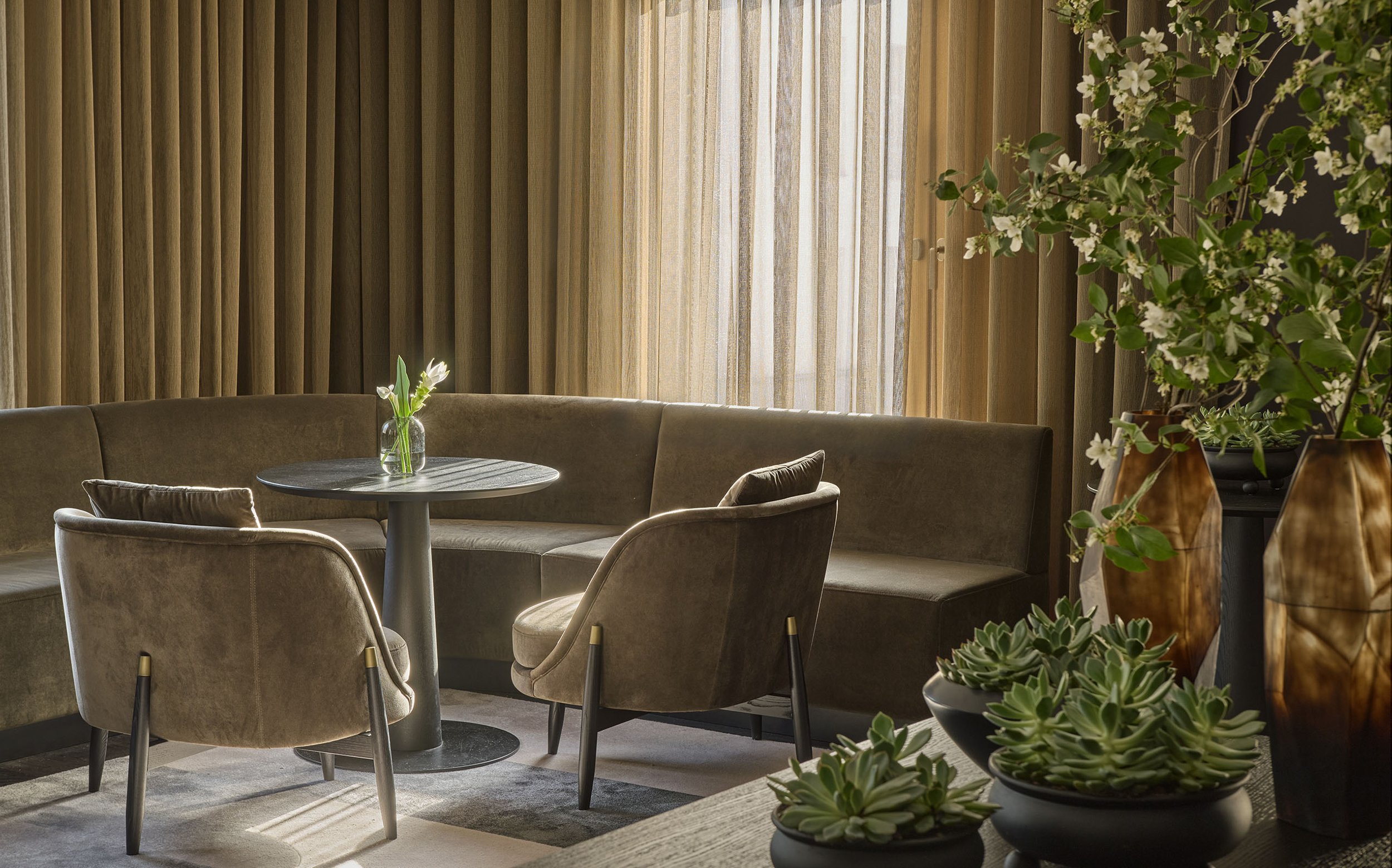 Gemütlicher Sitzbereich mit einem runden Tisch, bequemen Stühlen, einem Sofa, zahlreichen Pflanzen in Vasen und einem hellen Vorhang im Hintergrund.