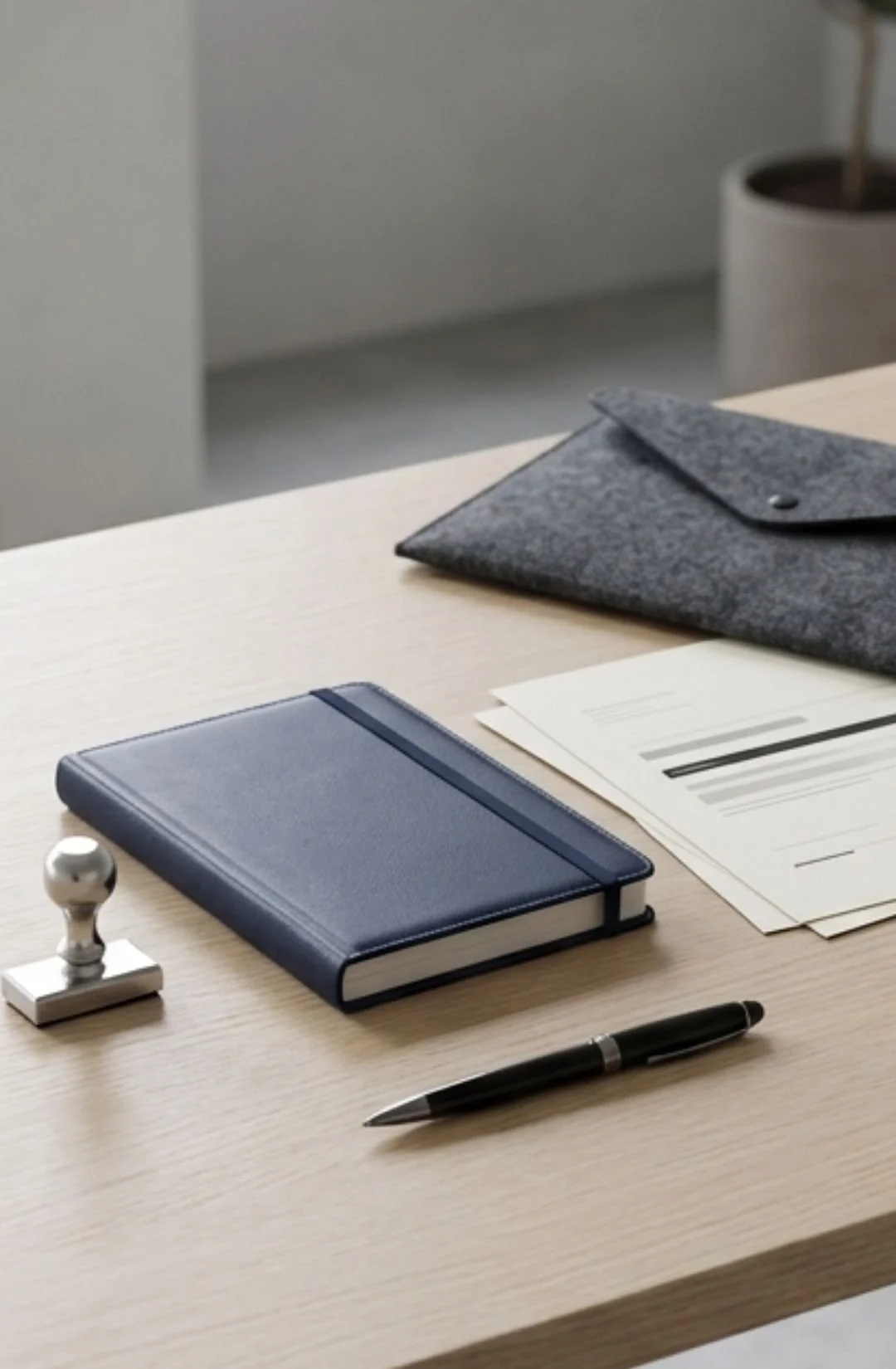 Office desk with a closed blue notebook, a black pen, some papers, a gray felt folder, and a silver paperclip in front of a white wall and a potted plant in the background.